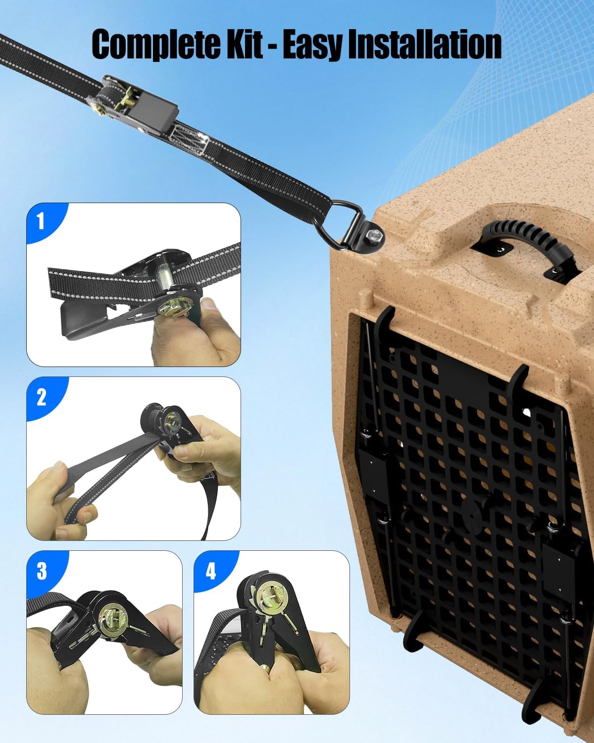 4 Pcs Dog Kennel Tie Down Kit Fits for Ruffland Kennel, 1000Lbs Break Strength Fixing Kit, Ratchet Anti-Slip Tie Down Straps for Truck SUV Transportation with D-Ring