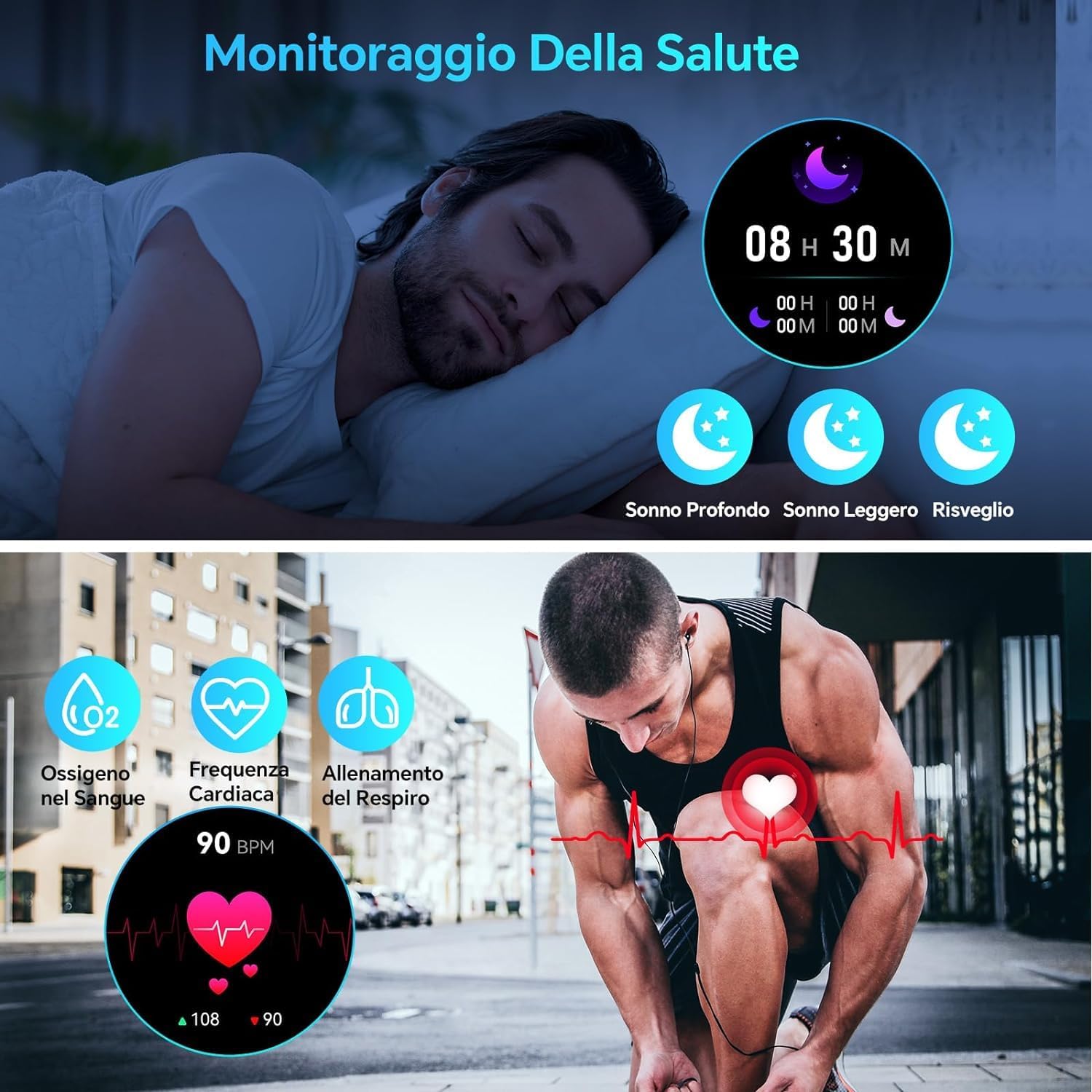Smartwatch displaying sleep tracking and heart rate/blood oxygen monitoring