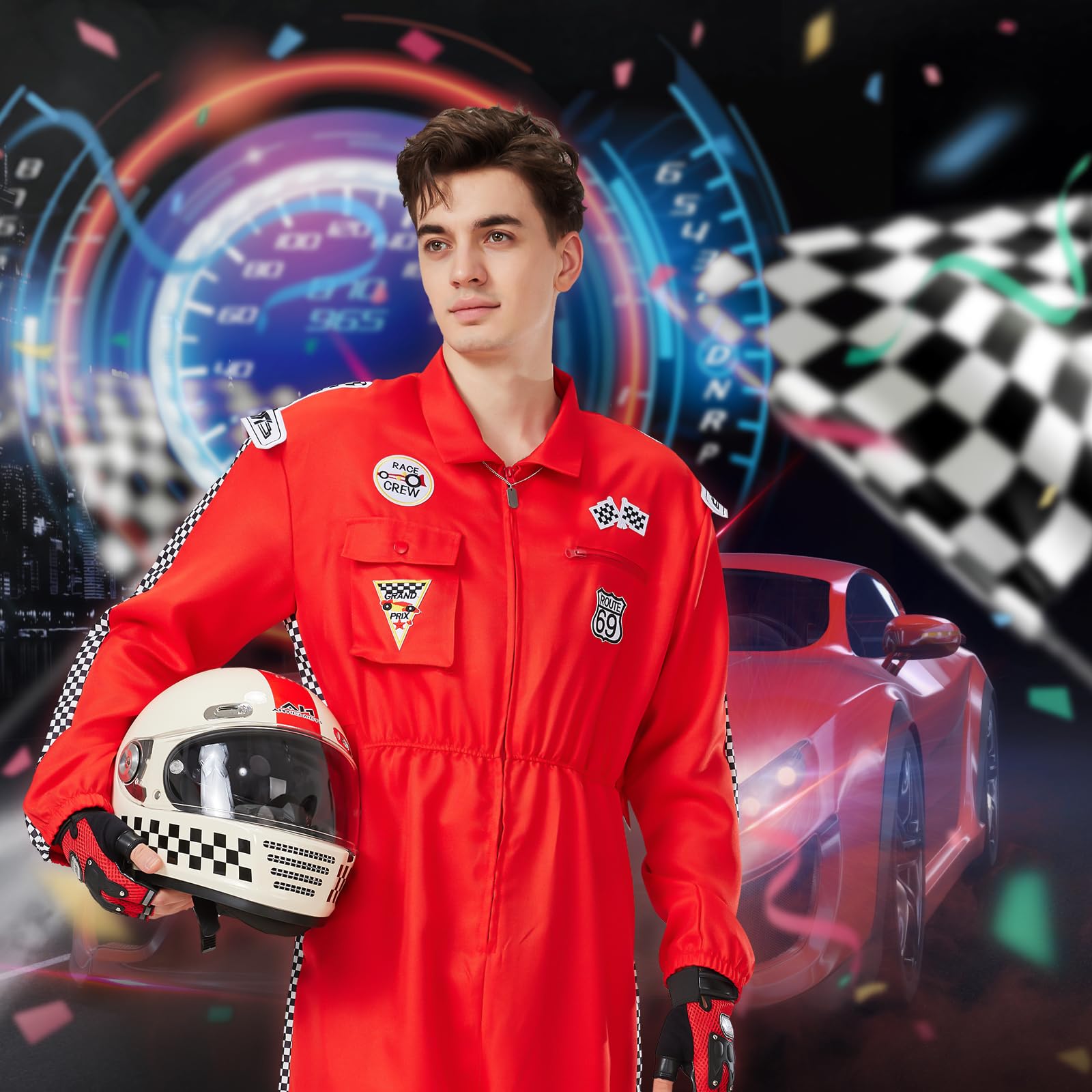 Charmofun Rennfahrer Kostüm Herren, Rennfahrer Anzug Overall Jumpsuit für Erwachsene, Racer Overall Rennwagenfahrer Kostüm mit Handschuhen, Sonnenbrille für Karneval