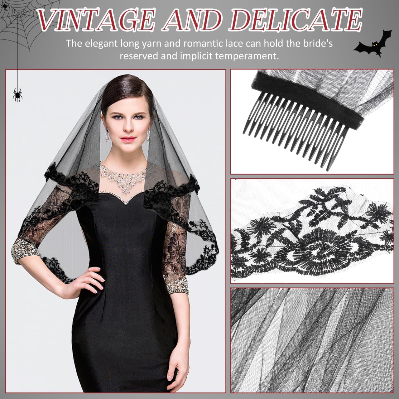 STOBOK Black lace veil Bride Halloween Bridal Black Lace Long Veils with Comb Gothic Wedding Accessory for Costume Party and Special Occasions 31X51 Inches - Image 4