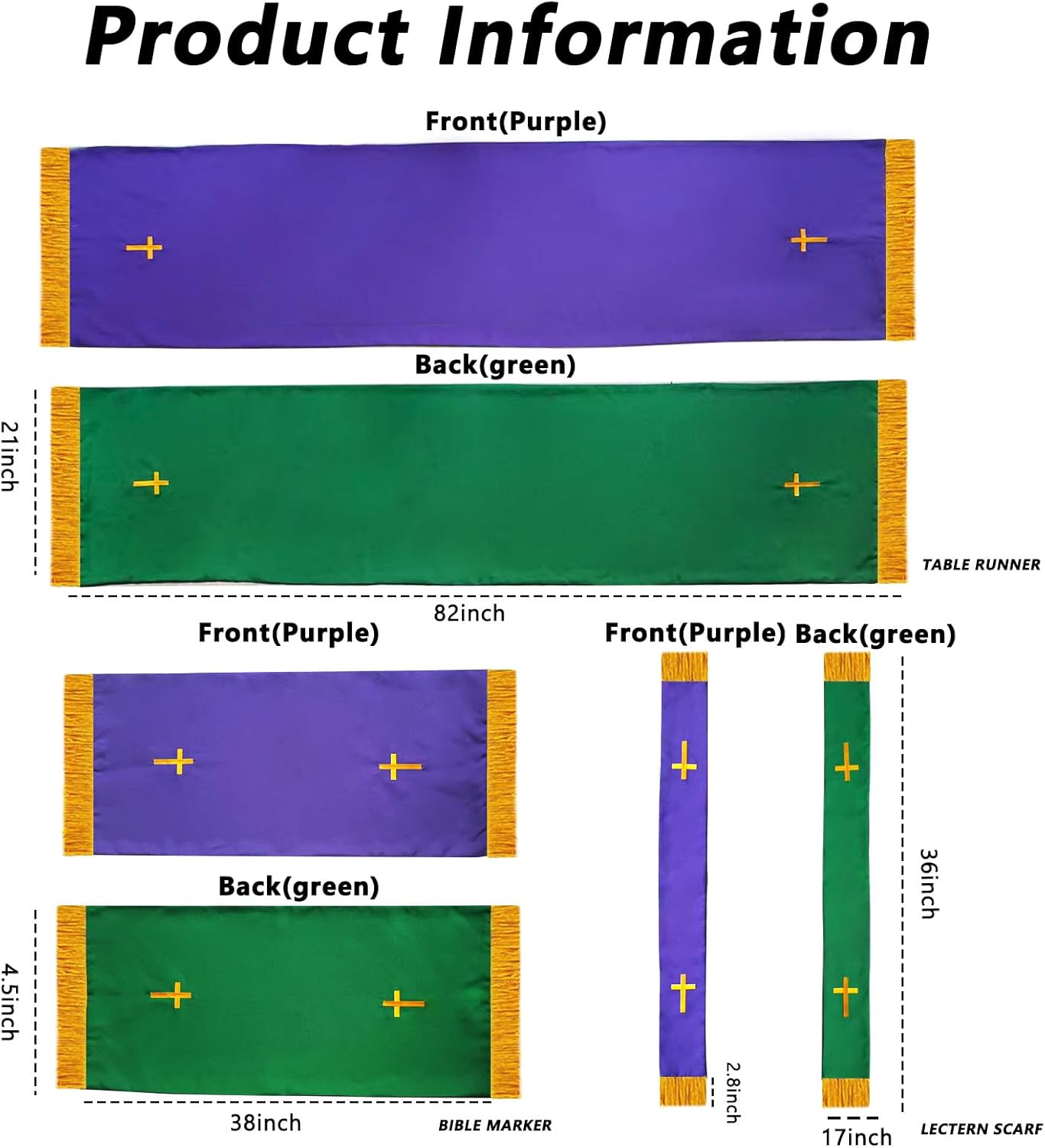 Set of 3 Reversible Parament Set, Evenly Sewn Pulpit Scarf Bible Bookmark Communion Table Runner for Church, Communion Table Cloths for Church Easter Pentecost Worship
