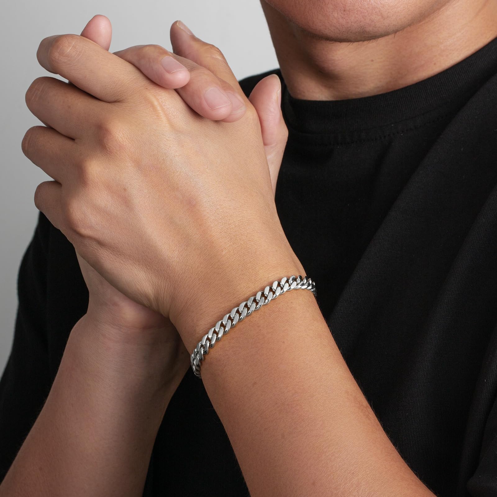 KRKC Herren Schmuck Set, Silber Farbe Edelstahl 7mm Cuban Armband 19,1cm & 5mm Cuban Link Chain Halskette 55,9cm, Panzerkette Nickel-frei Rostfrei, Vatertag Geburtstag Geschenk für Männer