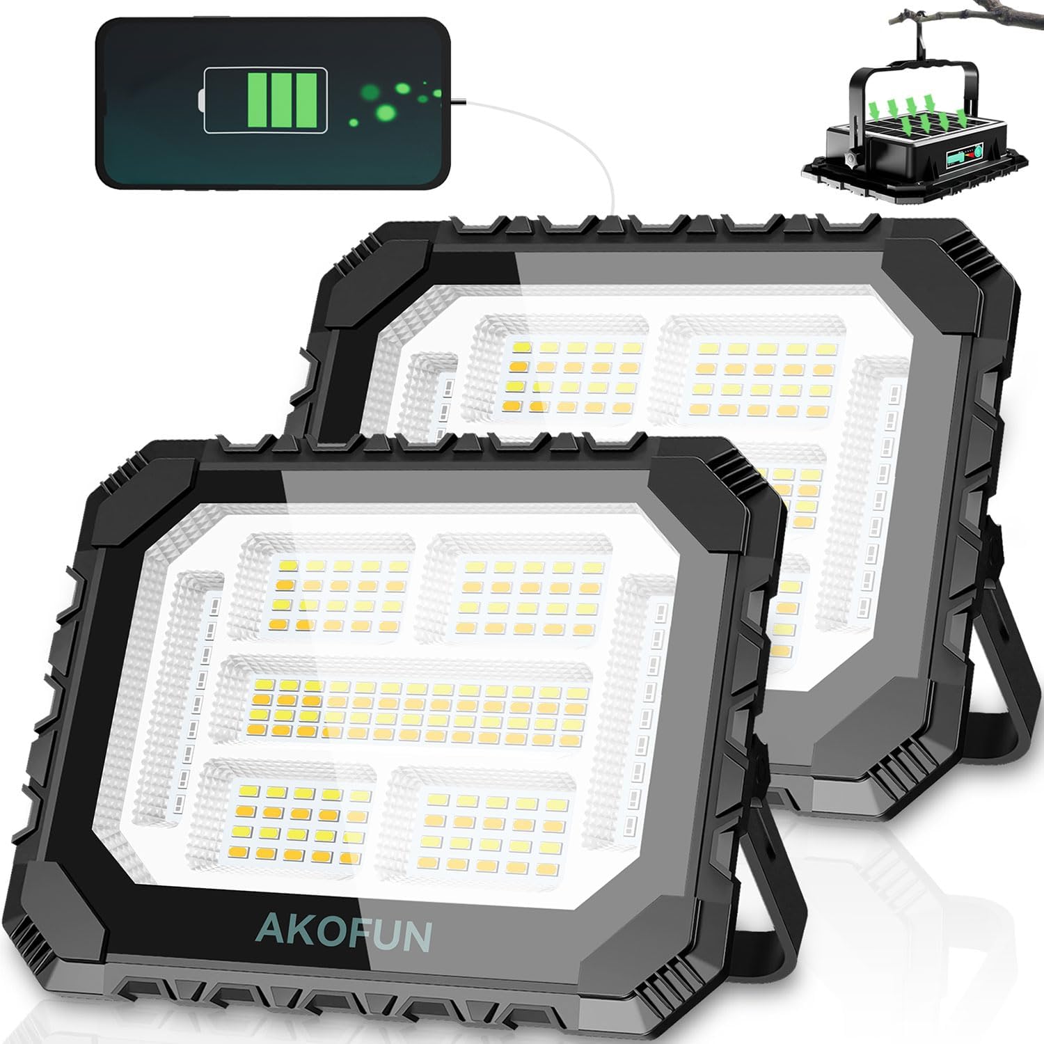 200W Solar Work Light Rechargeable, 16000LM Portable Camping Lights 3000K/4500K/6500K, 16000mAh Battery, IP66 Waterproof Magnetic Rechargeable Flood Light for Emergency, Camping, 2 Pack
