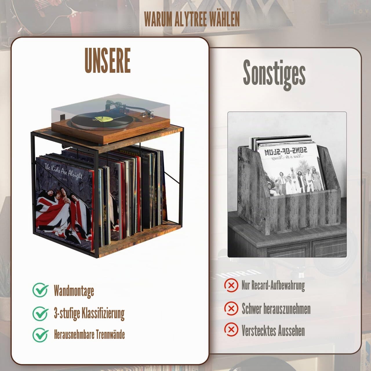 Schallplatten Aufbewahrung, Schallplattenständer für 80–100 Alben, Schallplatten Wandhalterung & Vinyl Halter mit Beweglicher Trennwand, Vinyl Record Storage Holder