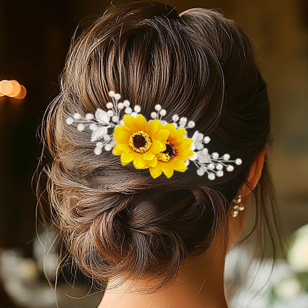 Jeairts Sunflower Bride Wedding Hair Comb Crystal Pearl Bridal Hair Side Combs Decorative Hair Accessories for Women