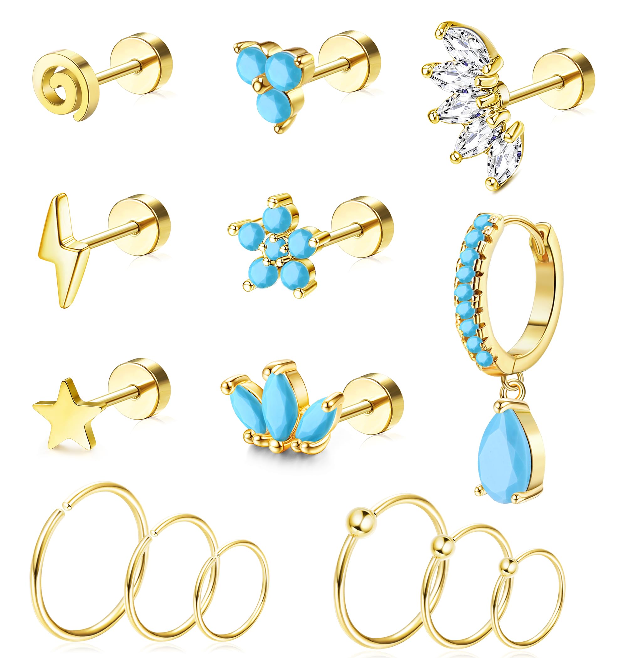 Adramata 14 Piezas 16G Piercing Oreja Acero Quirurgico Pendientes De Turquesa, Cartilago Pendientes de Aro Helix Piercing Joyas