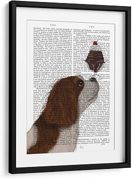 Canvas Lab | Cavalier King Charles, Brown White, Ice Cream by Fab Funky | 11 x 15 in | Fine Art Framed Print, Frame Color Black, With Mat | Whimsical | Wall Decor for Bedroom, Living Room or Office