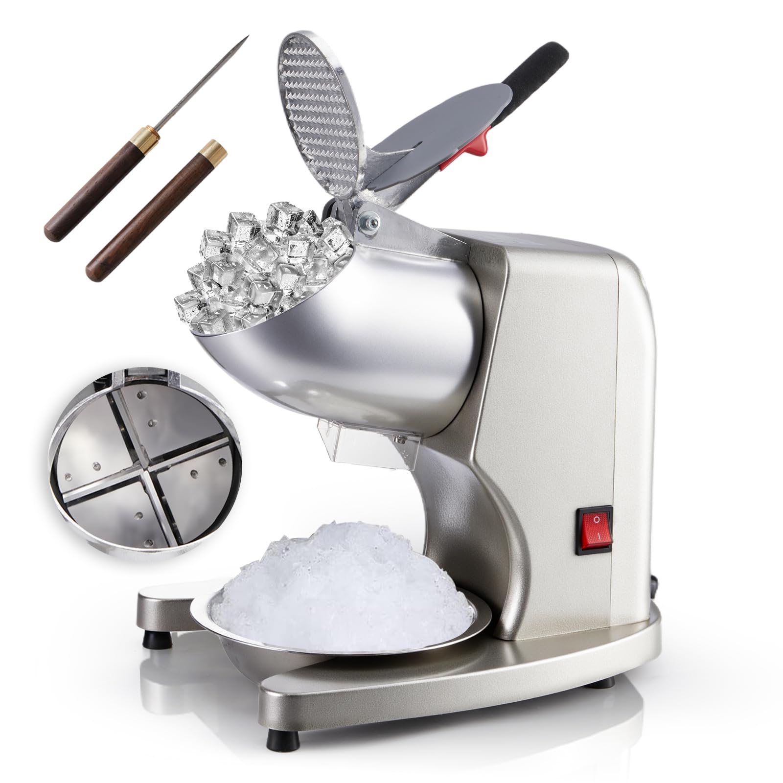 Máquina de hielo afeitado Trituradora de hielo eléctrica de 300 W, trituradora de hielo de 4 cuchillas, máquina de afeitar de hielo de 2200 rpm, máquina de afeitar de hielo de 286 lbs/hr para