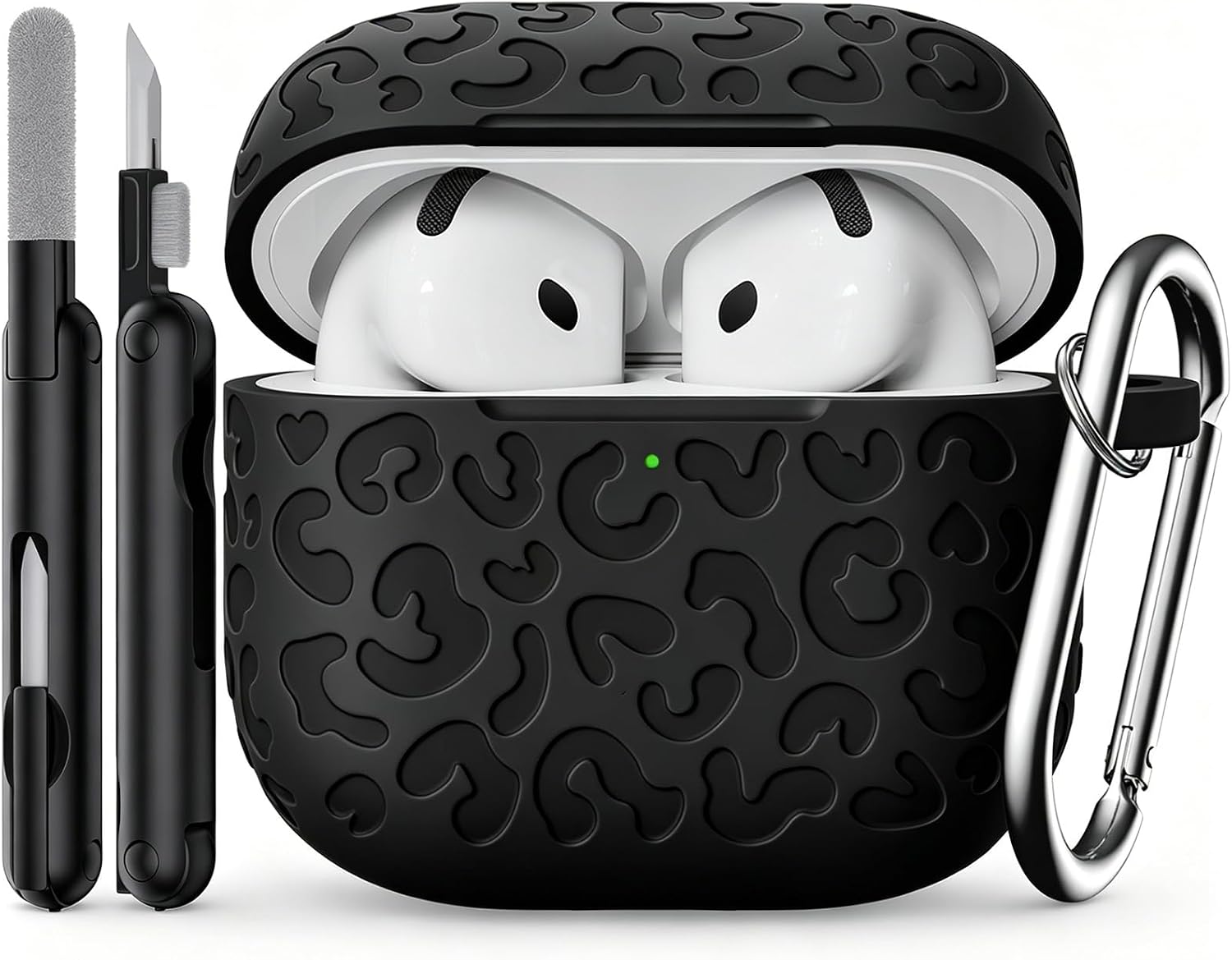 Leopard Carving for AirPods 4 Case (Black) | Pattern Design Cute Soft Silicone Protective Cover for Man/Women/Girly-with Keychain&Cleaning Kit