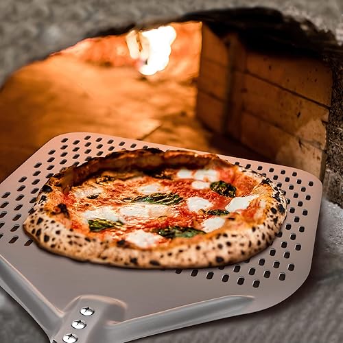 Miniatura 6 de Karboby Pela de pizza perforada de 14 pulgadas, cáscara de pizza de aluminio anodizado duro de mango largo, cáscara de torneado de pizza extra