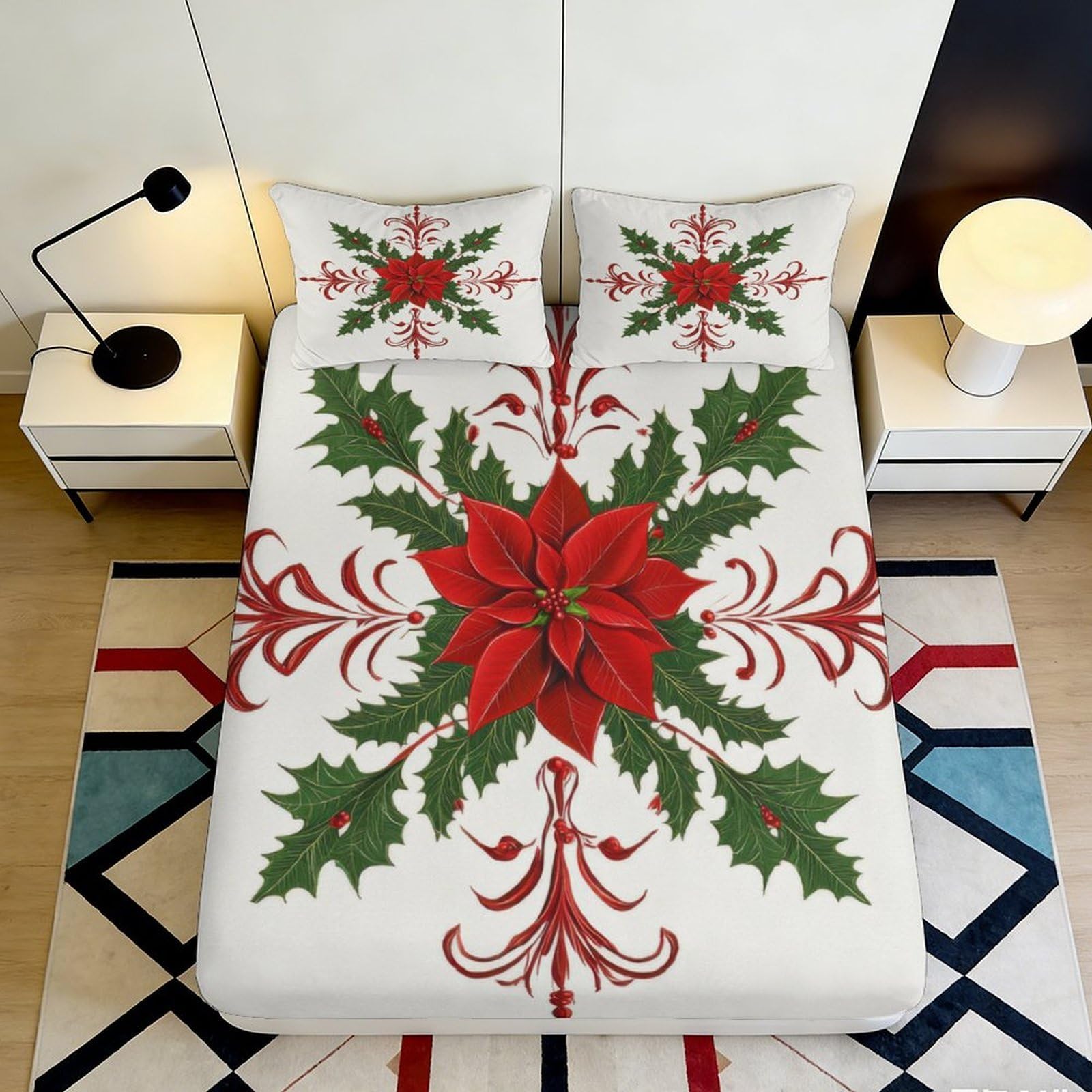 Pnayamiorkfel Style-5 3D Printed Christmas Poinsettia Fitted Sheet Microfiber Red Green Holiday Bed Cover For Bedroom Guest Room Mattress Protection 90X200x25cm
