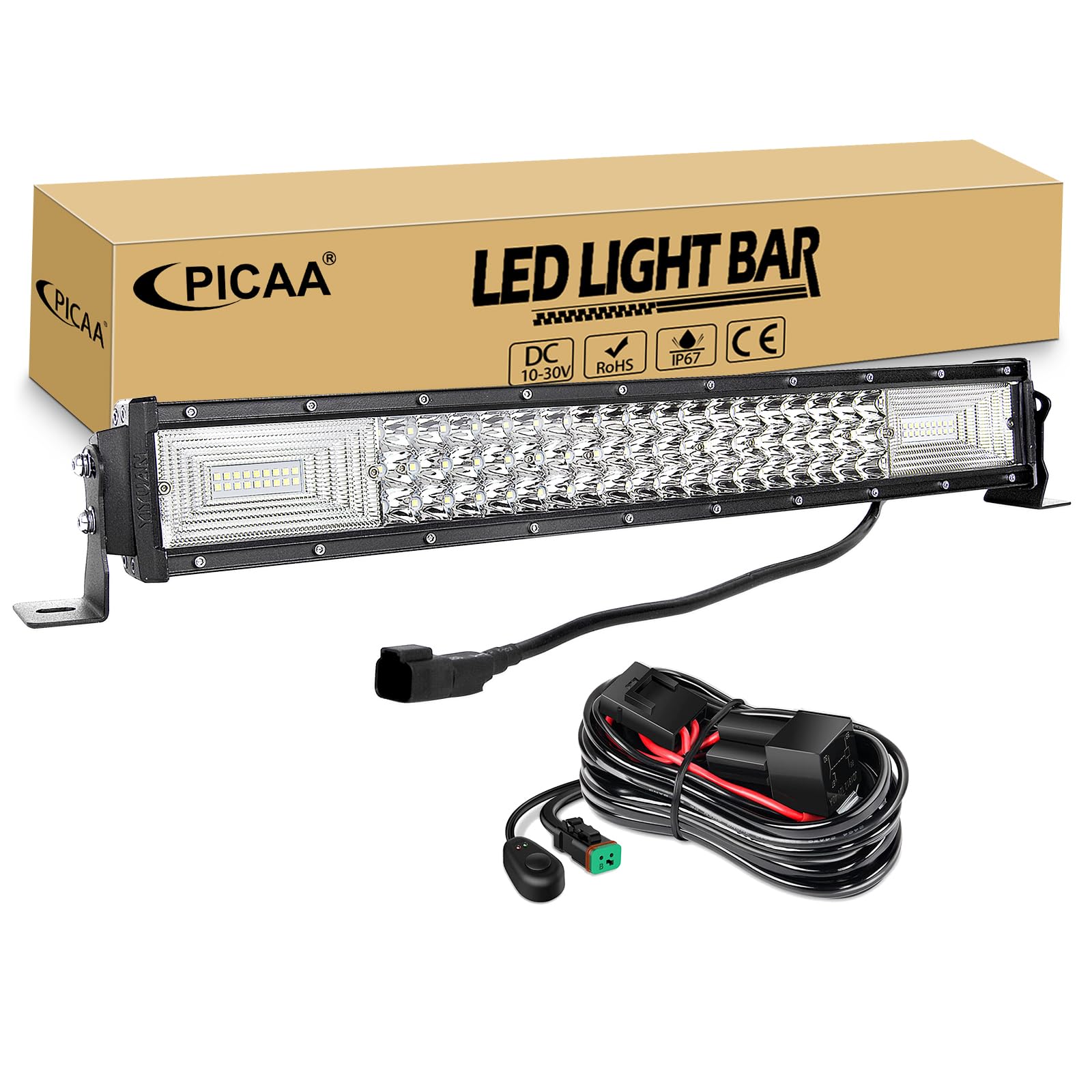 PICAA Barra LED 4x4 22 Pulgadas 270W con DT Cableado Kit, Tri-Fila Luz de Trabajo 12V 24V 6000K Blanco para Coche, Camión y Todoterreno