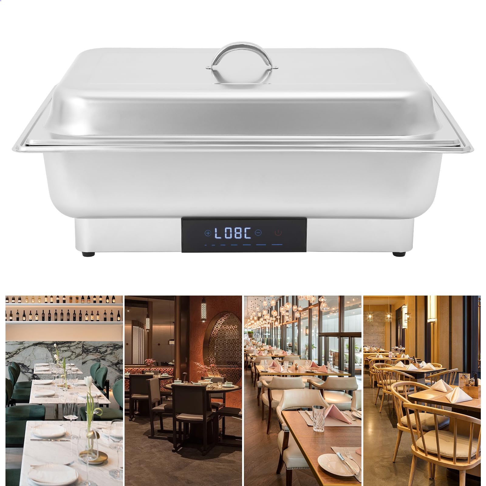 Chafing Dish 600 W scaldavivande elettrico con coperchio, 9 l, rettangolari da portata in acciaio inox, 35 ~ 90 ℃, scalda buffet regolabile per ristoranti feste (1 contenitore)