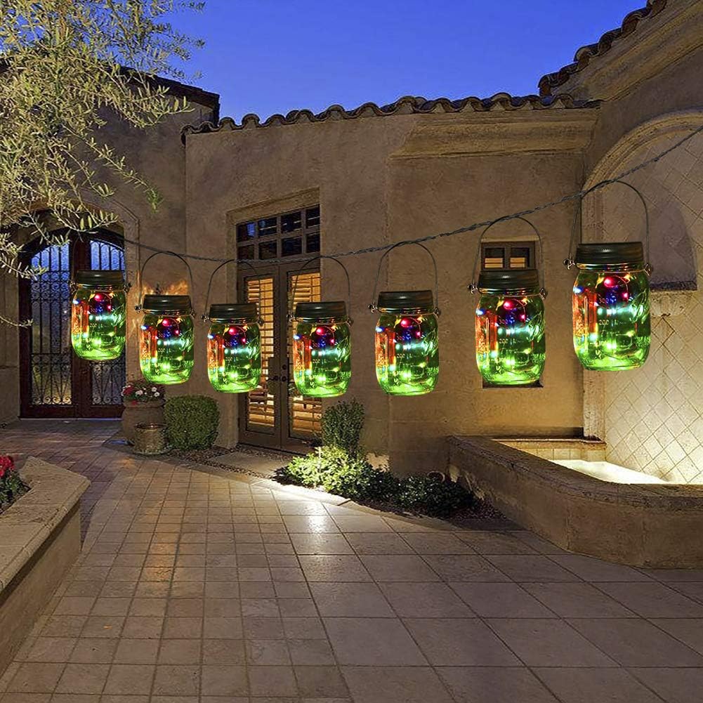 PAPRMA 6 Pack Solar Mason Jar Lights, 20 LED Jar Lid Fairy String Lights with 6 Hangers, Decorations for Party Garden Patio Path Christmas, Colorful(Jar NOT Included)