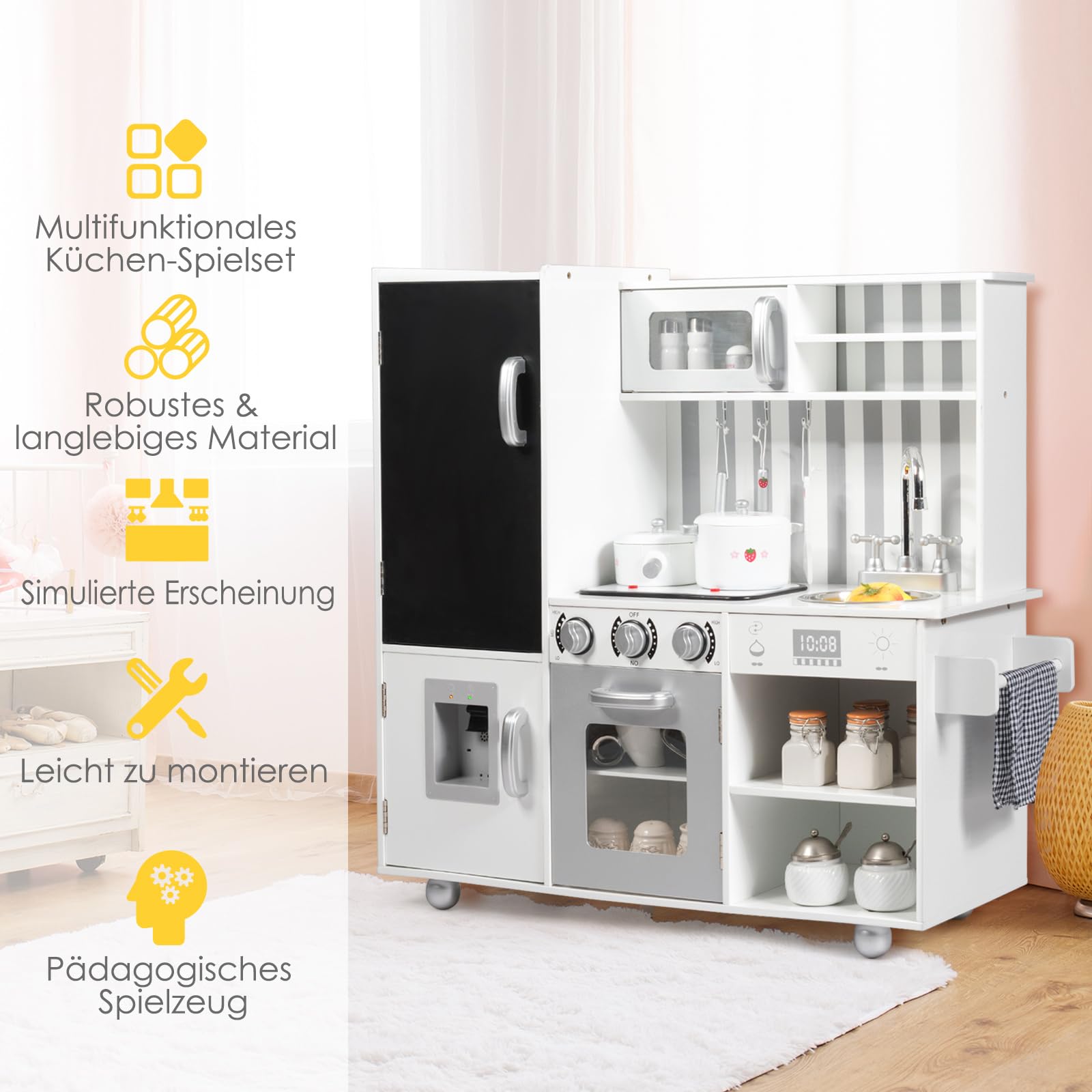COSTWAY Kuchnia dziecięca z akcesoriami do gotowania, kuchnia zabawkowa z tablicą i dźwiękiem, kuchnia zabawkowa, kuchenka, piekarnik i lodówka, kuchnia drewniana dla dzieci od 3 lat