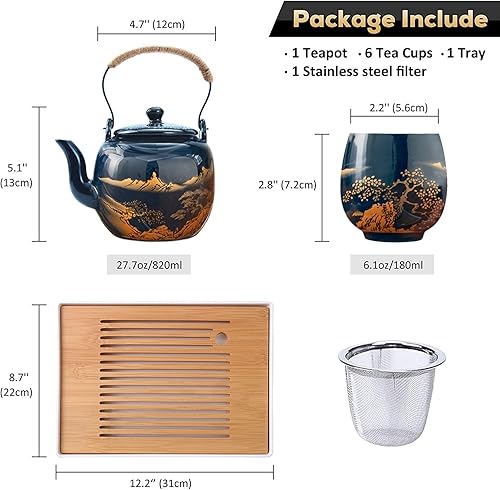 Juego de té japonés, juego de té esmaltado negro en caja de regalo con 1 tetera, 1 colador de té, 1 bandeja de té y 6 tazas de té. Juego de té ideal