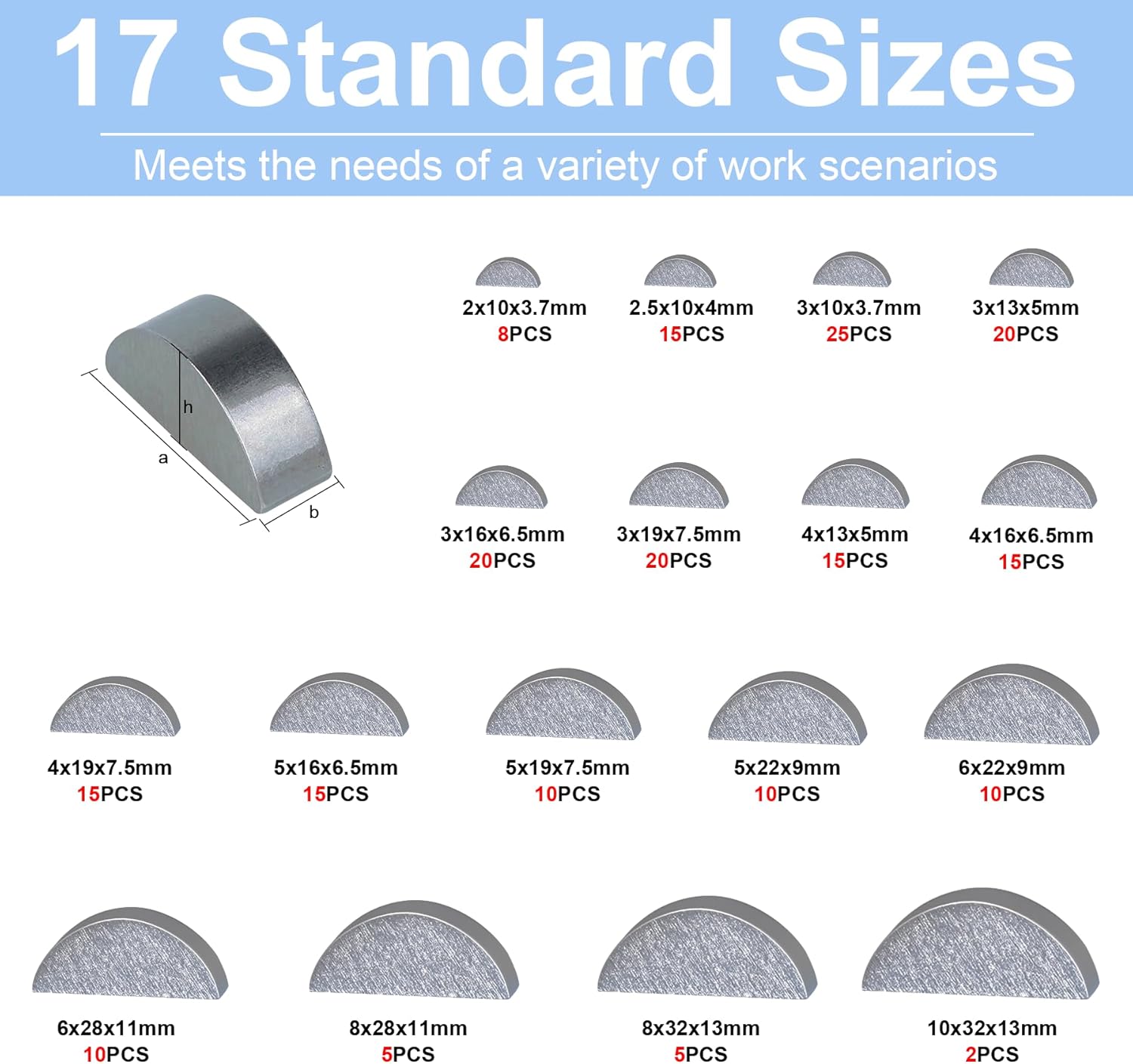 220PCS Metric Woodruff Key Assortment Kit in 17 Most Popular Sizes, Woodruff semicircle Key,Half Moon Key,Shaft Crank Key,Keyway for Fasteners Mechanical Industry Crankshaft Woodruff Key Assortment Kit-220PCS