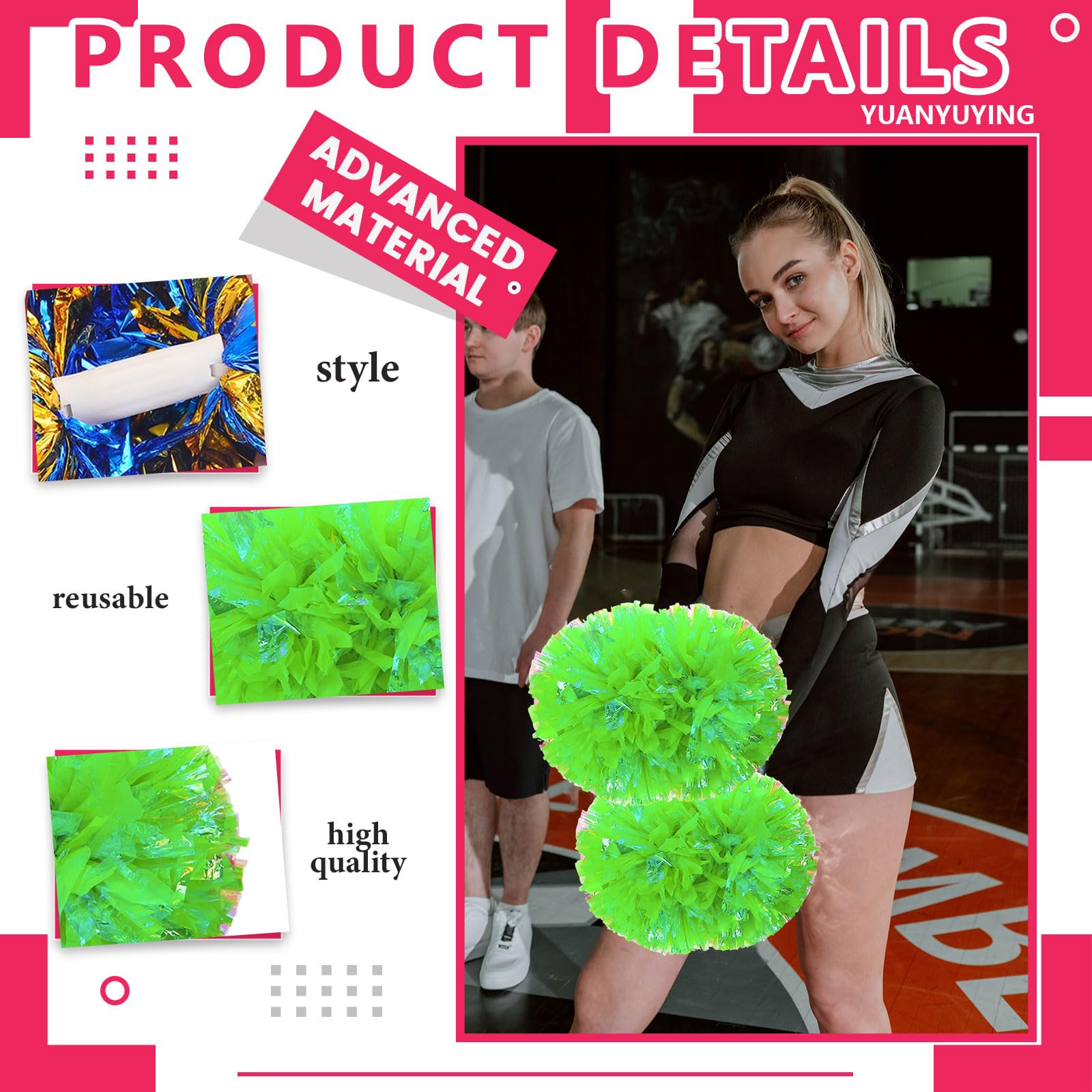 Pompon da cheerleading, 8 pezzi con manico, perfetti per tifo di squadra, giochi di spirito,Pompon ideali per gli appassionati (Verde opaco)