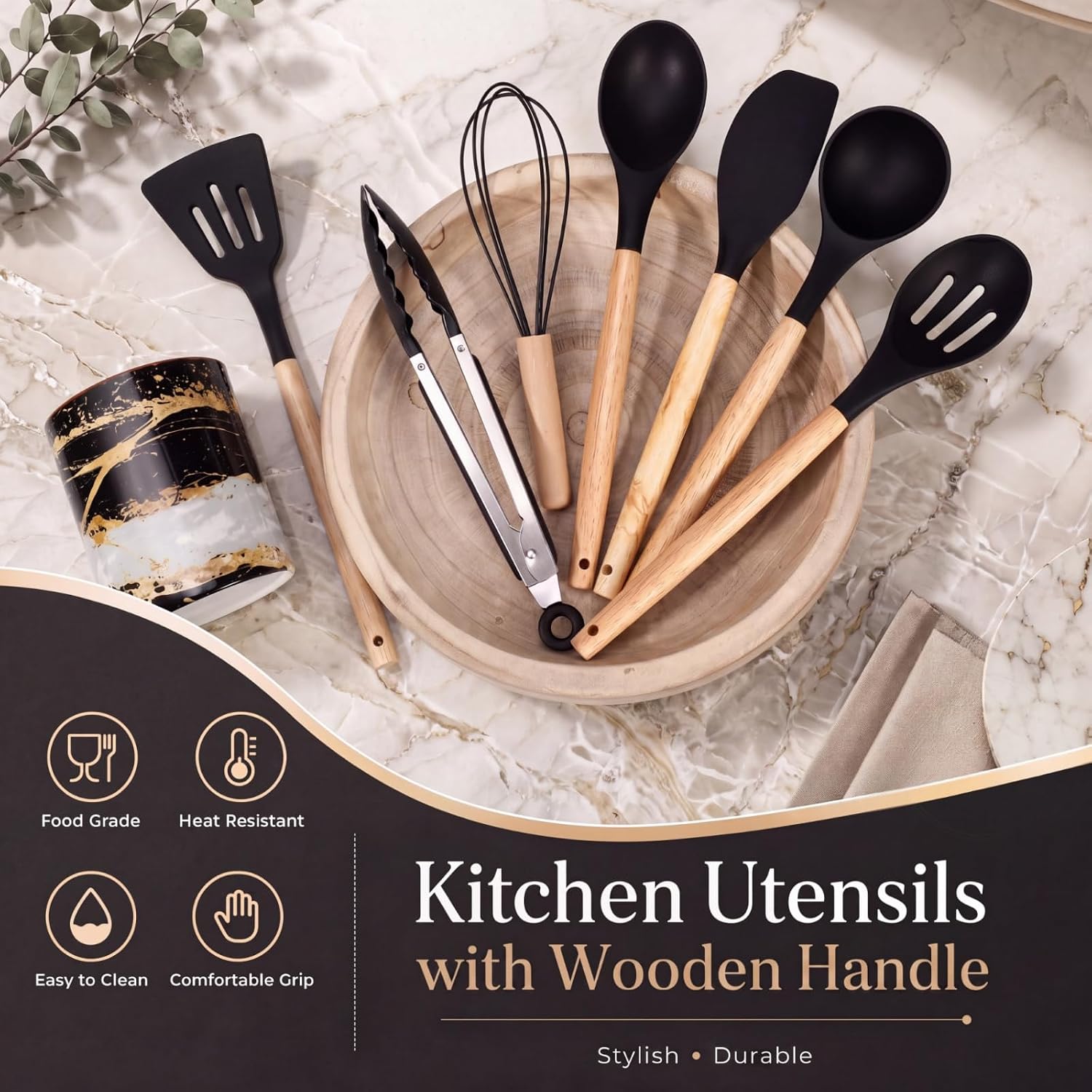 10 Pcs Black and Gold Kitchen Utensils Set Marble Ceramic Holder