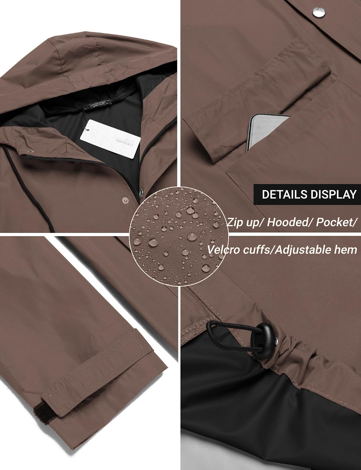 COOFANDY Long Rain Coats for Men Waterproof Trench Jacket with Hood