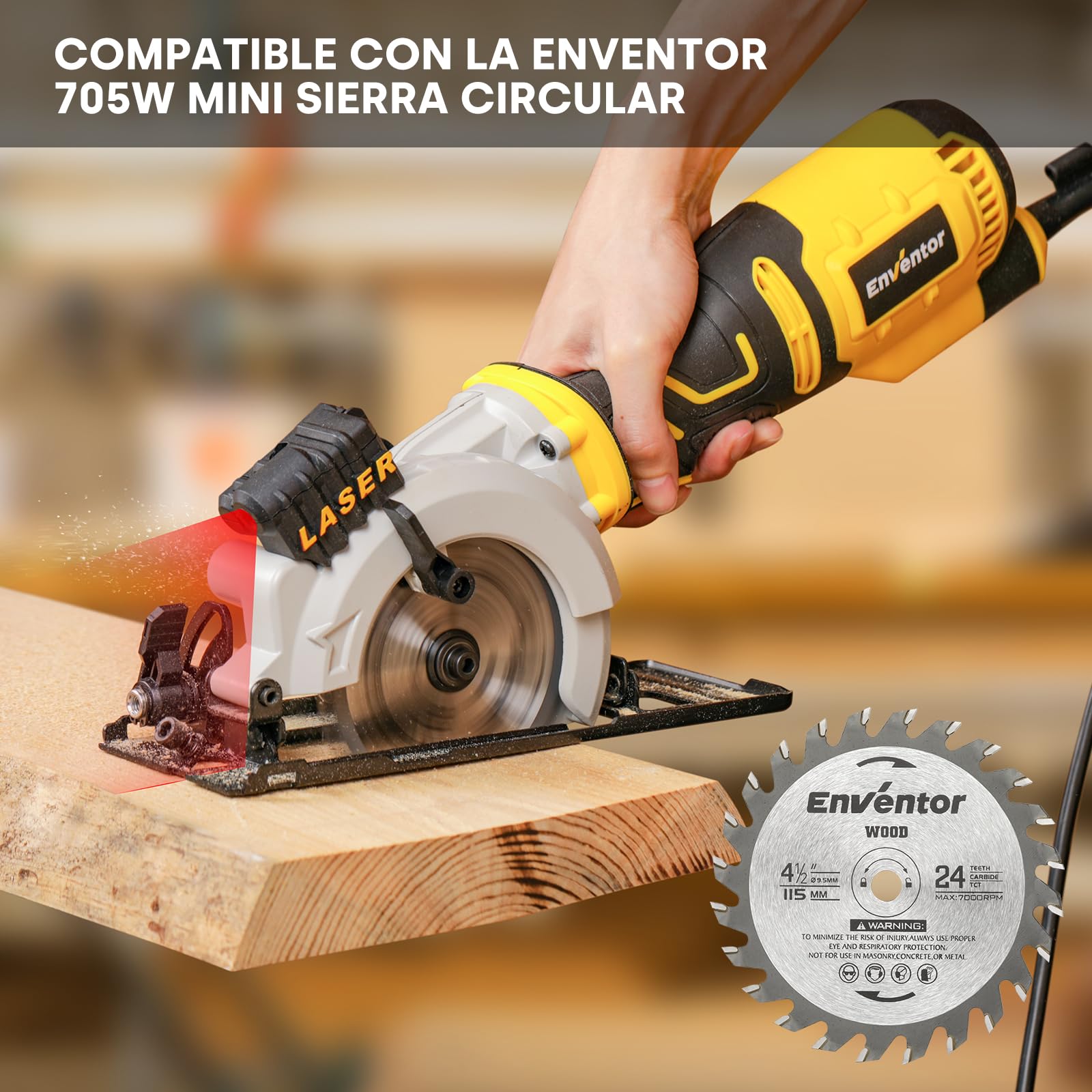 Enventor 3PCS 24T TCT Hoja de Sierra Circular, 115mm x 9.5mm, Punta de Carburo de Tungsteno, Hoja de Mini Sierra Circular para Madera, Compatible con Enventor 76604L