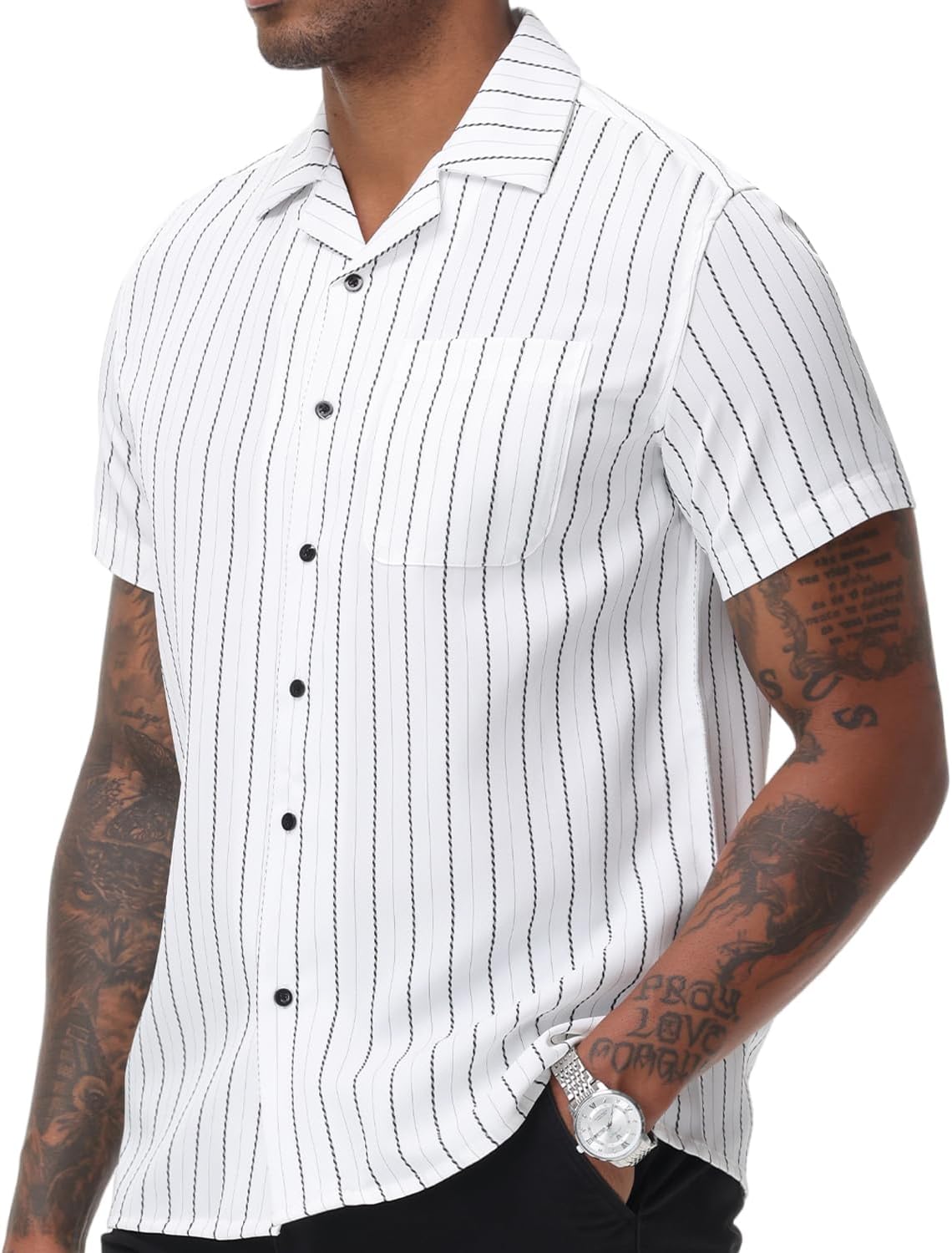 TUNEVUSE Men Hawaiian Shirt Vintage Striped Shirt Short Sleeve Summer Beach Causal Cuban Collar Shirt with Pocket - Image 2