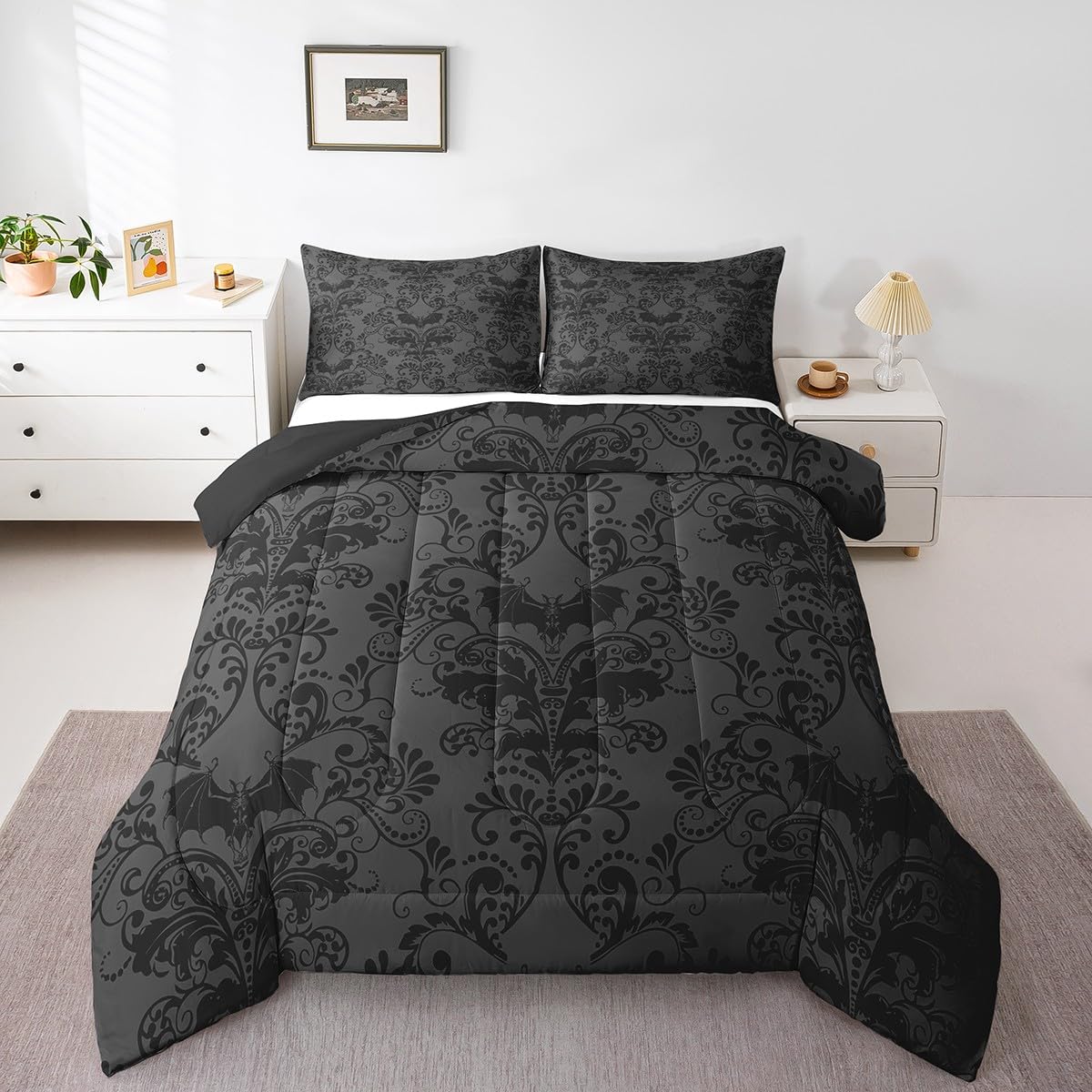 Adults Black Damask Bedding Set Antique Victorian Baroque Comforter Set King, Exotic Vintage Floral Quilt Gothic Bat Duvet Insert, Bats Sugar Skull Bone Skeleton Bohemian Decor, Grey