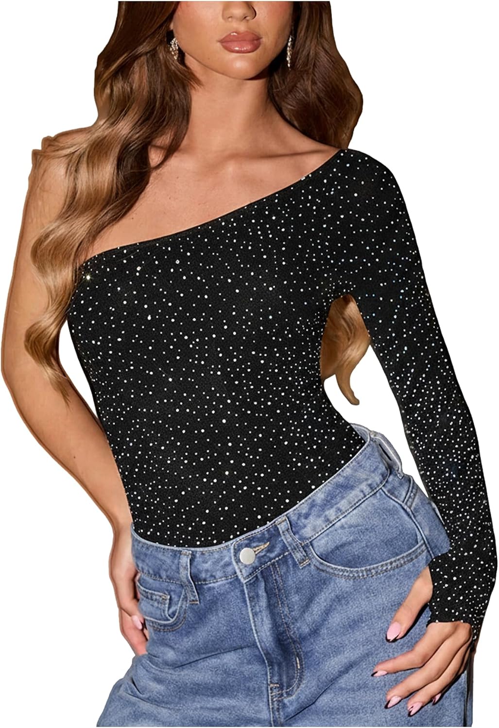 SHENHE Women's Glitter Rhinestone One Shoulder Long Sleeve Sparkly Bodysuit Shirt Top