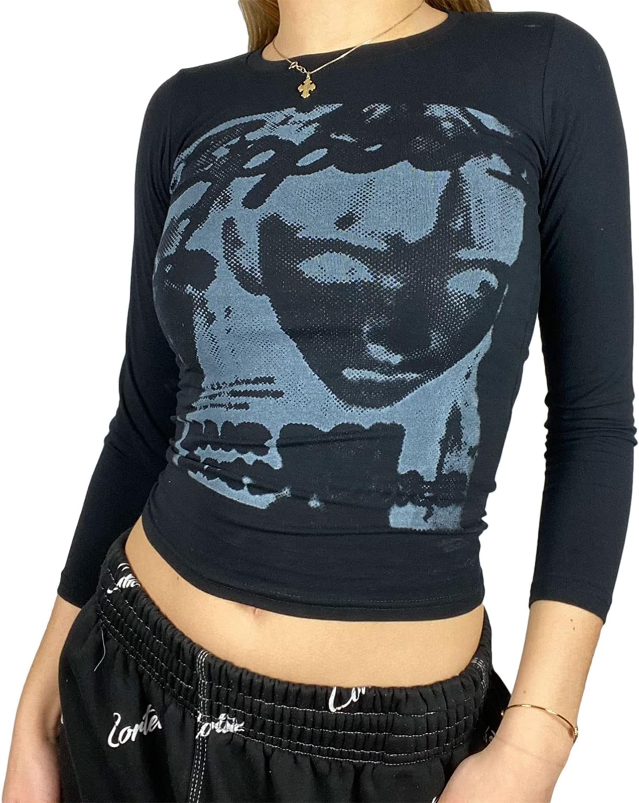 KMBANGIWomens Face Portrait Print Crop Top Y2K E-Girls 90s Long Sleeve Shirt Graphic Print Slim Fit Blouse Tops