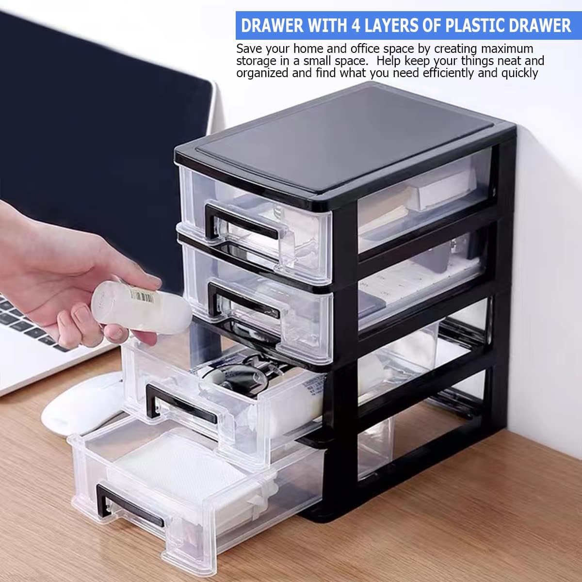 4 Tier Plastic Drawer Organizer Storage Box for Desk, Cosmetics, Jewelry, Office Supplies, Home Organization (8.46" x 5.9" x 9.84")