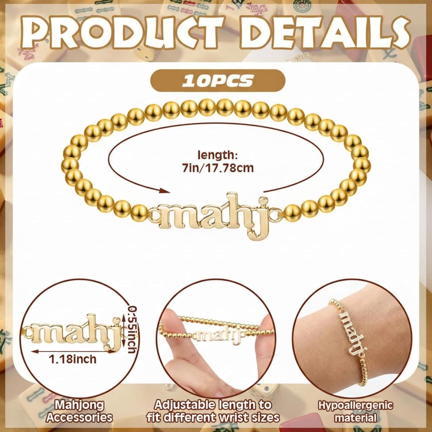 Kenning 10 Piece Gold Beaded Mahjong Bracelets Bulk Stretch Mahj Letter Charm Bracelet Set for Women Mahjong Lovers Mah Jong Game Night Party Favors Friendship Jewelry Gifts