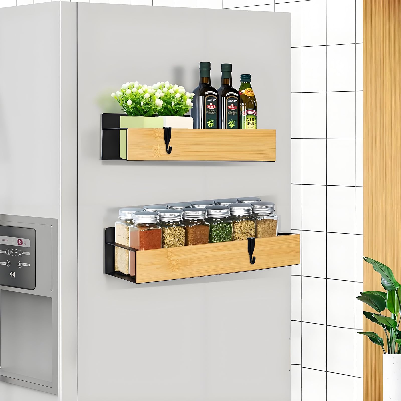 KedioPio Magnetic Spice Rack for Fridge, 2 Pack Strong Magnetic Shelf for Refrigerator with 4 Hooks, Wooden Fridge Magnet Shelves Bamboo Spice Rack for Kitchen Storage and Organisation, Black