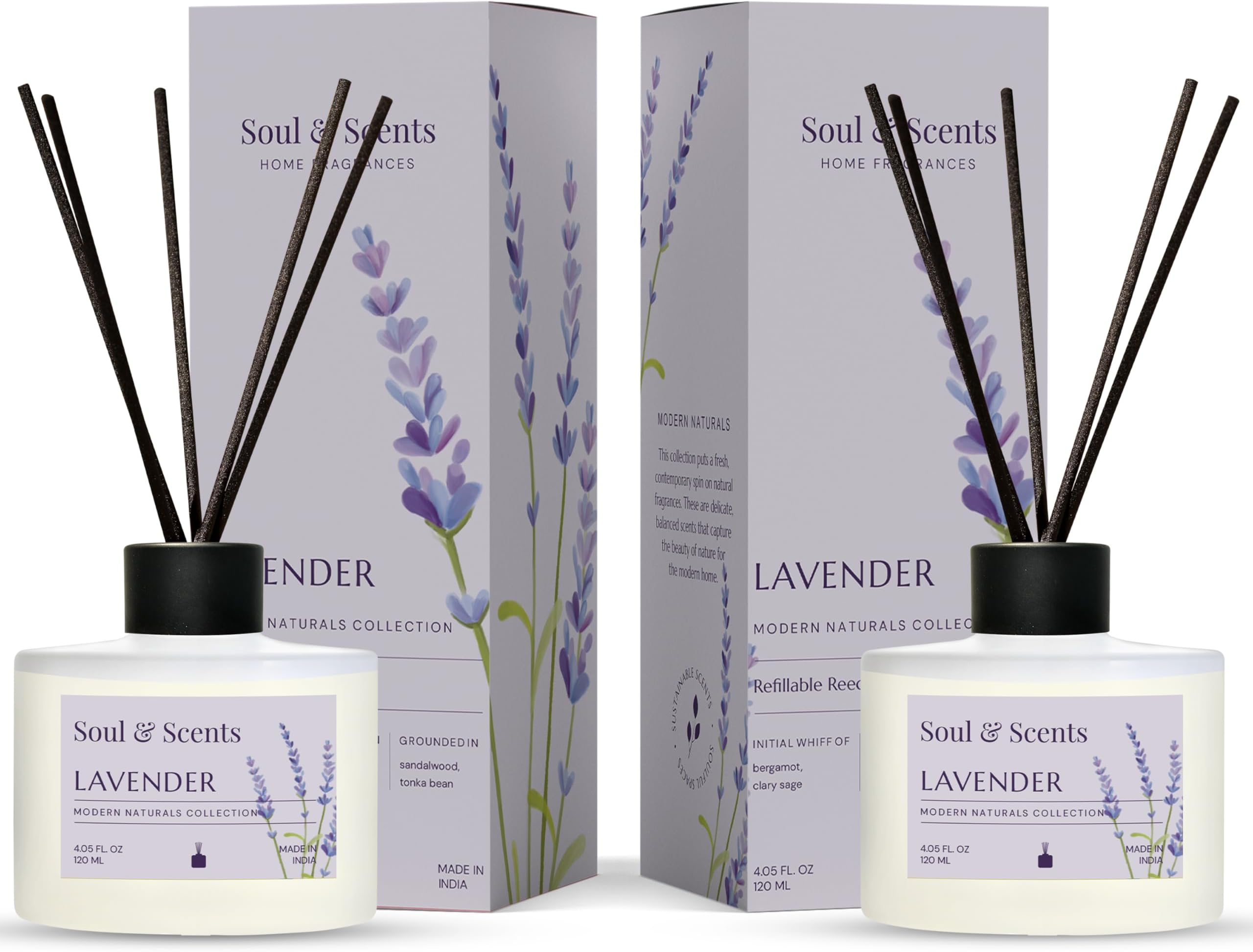 Soul & Scents Lavender Reed Diffuser Set - 120ml with 6 Fiber Sticks Each | Stress Relief & Aromatherapy | Long-Lasting Scented Air Freshener for Home, Bedroom, Bathroom & Office | Pack of 2