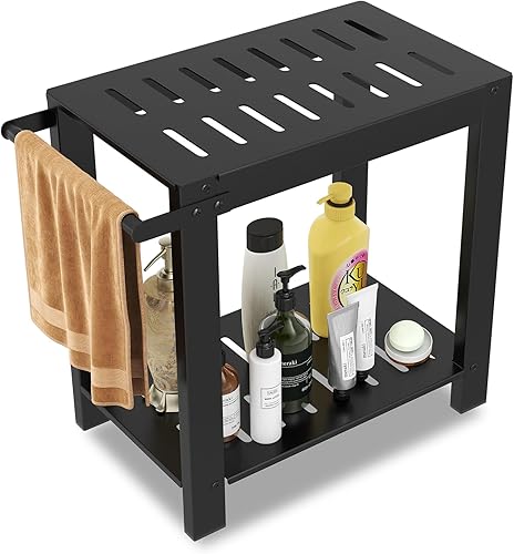XEENEW Bancos de ducha de metales con estante de almacenamiento, taburete de ducha de 15 pulgadas para ducha interior, impermeable, reposapiés de
