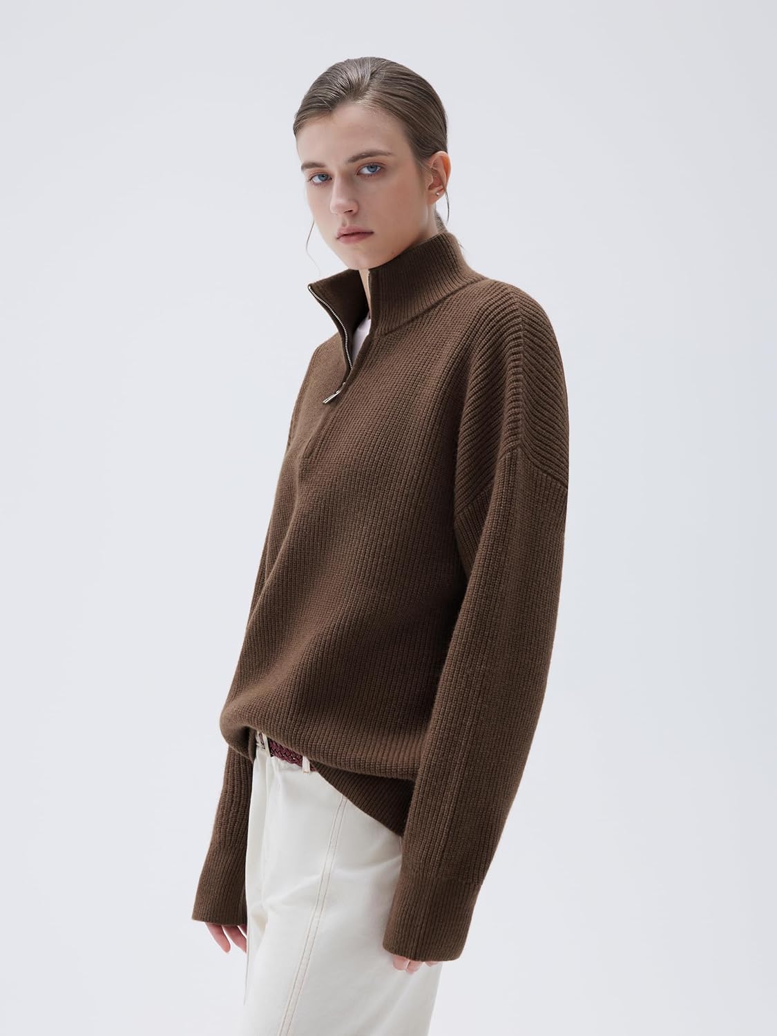 SUUKSESS Women Cashmere Blend Oversized Quarter Zip Pullover Sweater Long Sleeve Collared Ribbed Knit Jumper Tops - Image 5