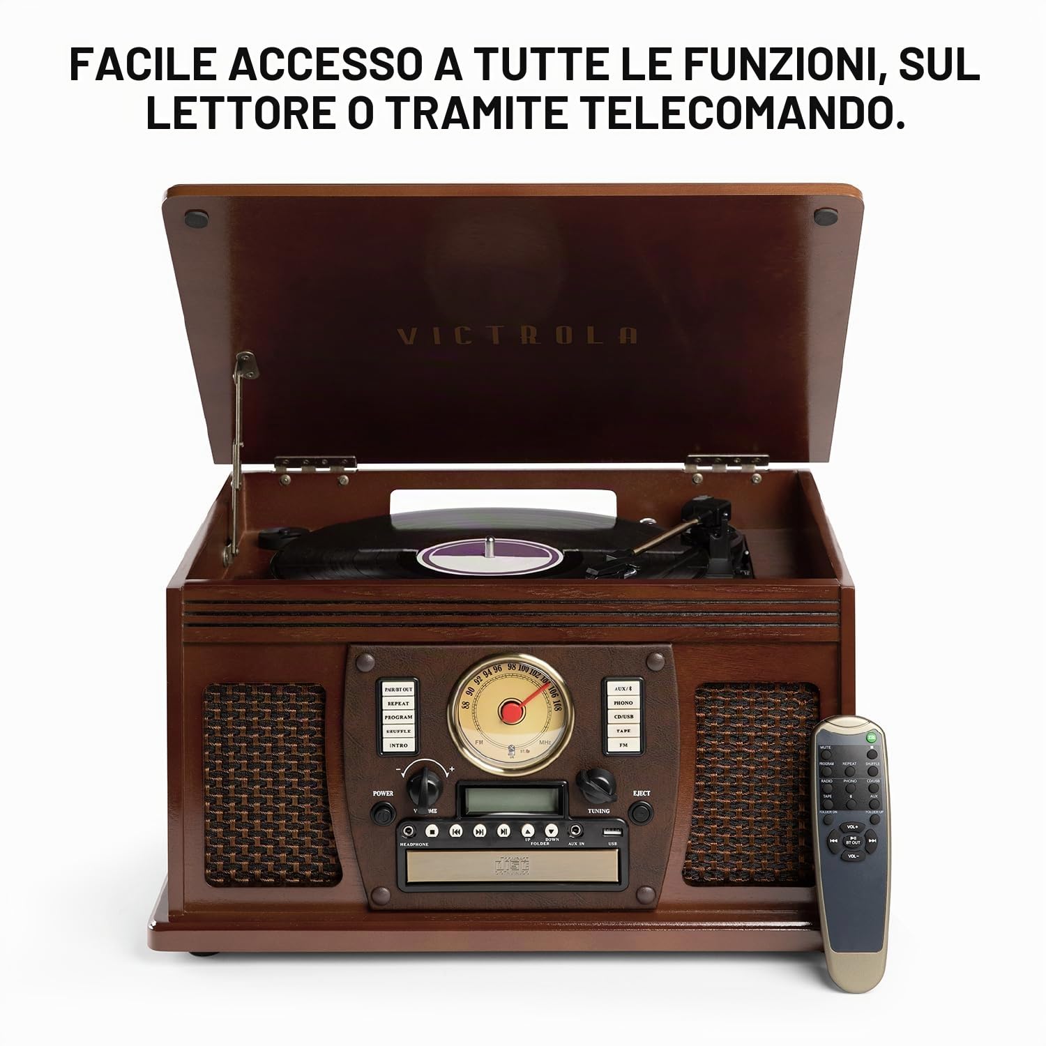 Victrola Navigator – Giradischi Bluetooth 8-in-1 con CD, cassette, radio FM, USB, altoparlanti integrati, uscita RCA e jack cuffie, streaming wireless (Mogano