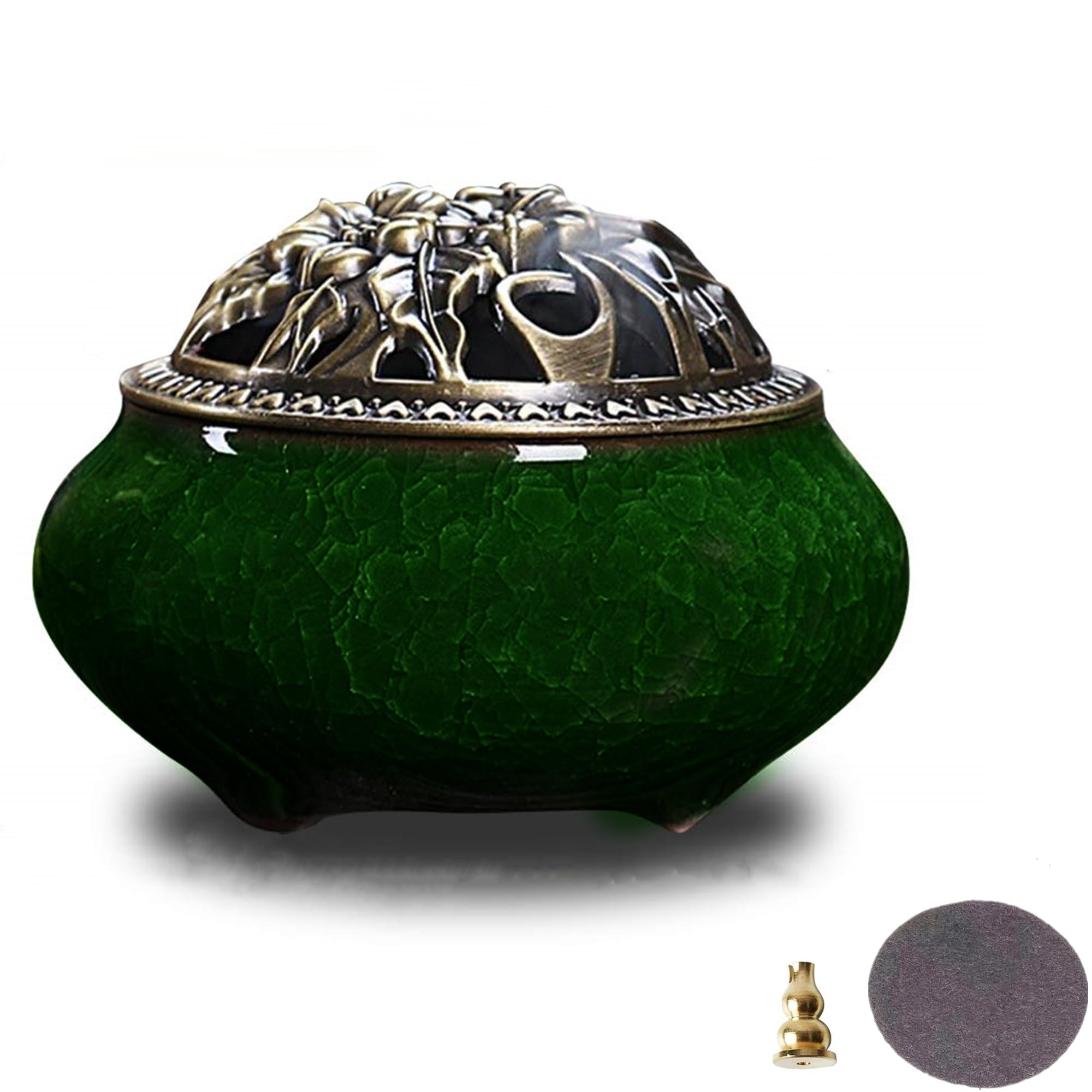 FaceColor Ceramic Incense Burner Bronze Lid Emerald Green Retro 3.9in