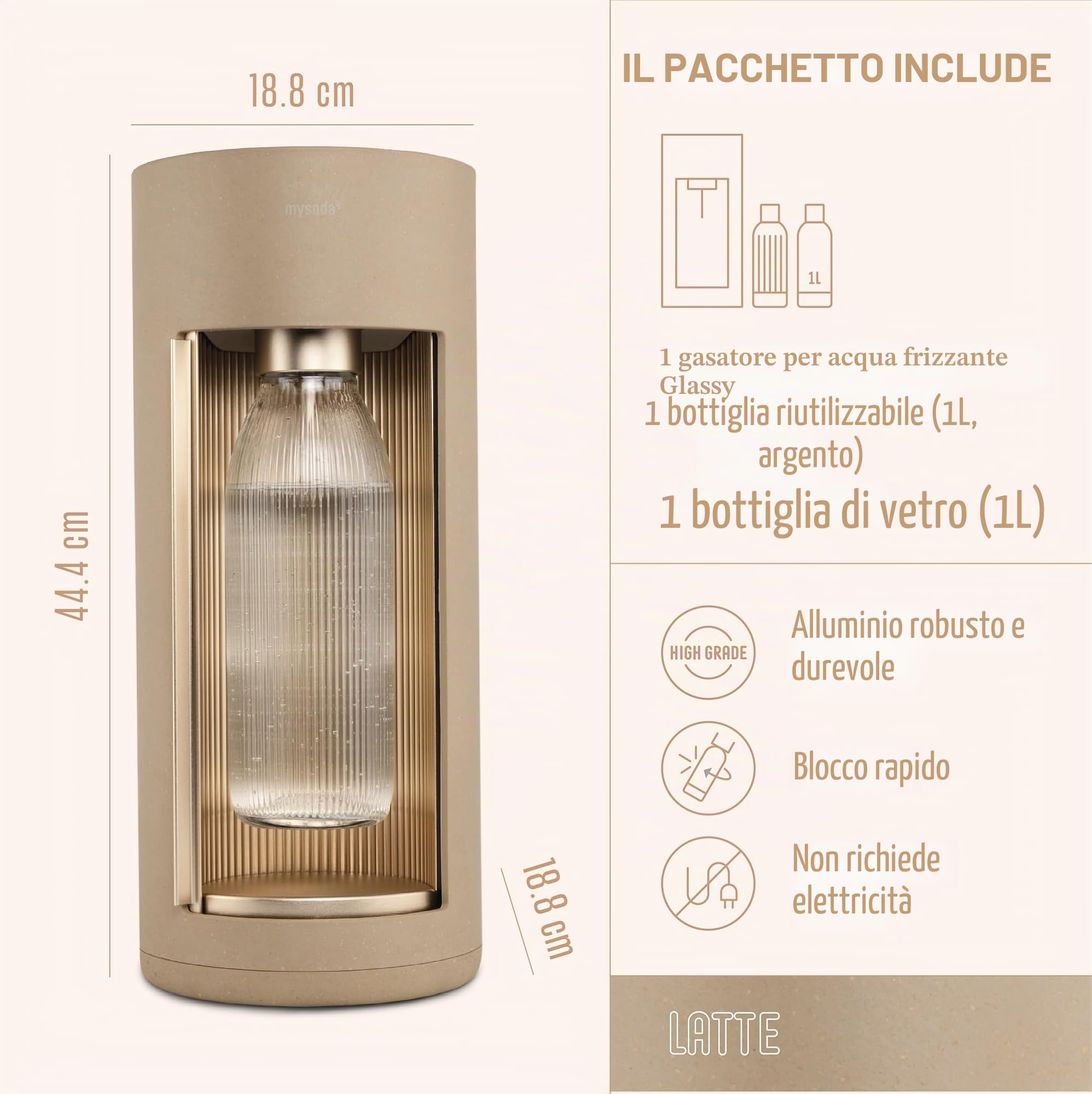 Mysoda Glassy - Gasatore d’acqua per l’acqua frizzante con bottiglia in vetro (senza bombola di CO2) - Beige (latte)