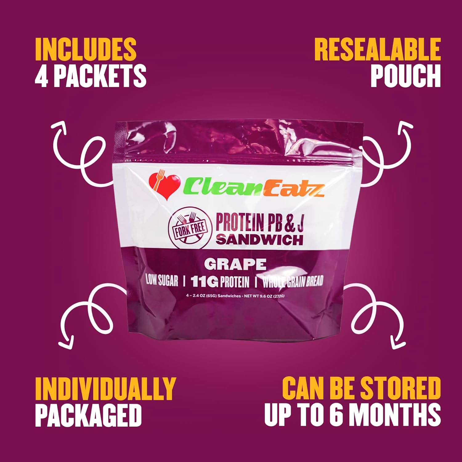Clean Eatz High-Protein PB&J Sandwich, Mixed (Strawberry & Grape) – 16 Pack