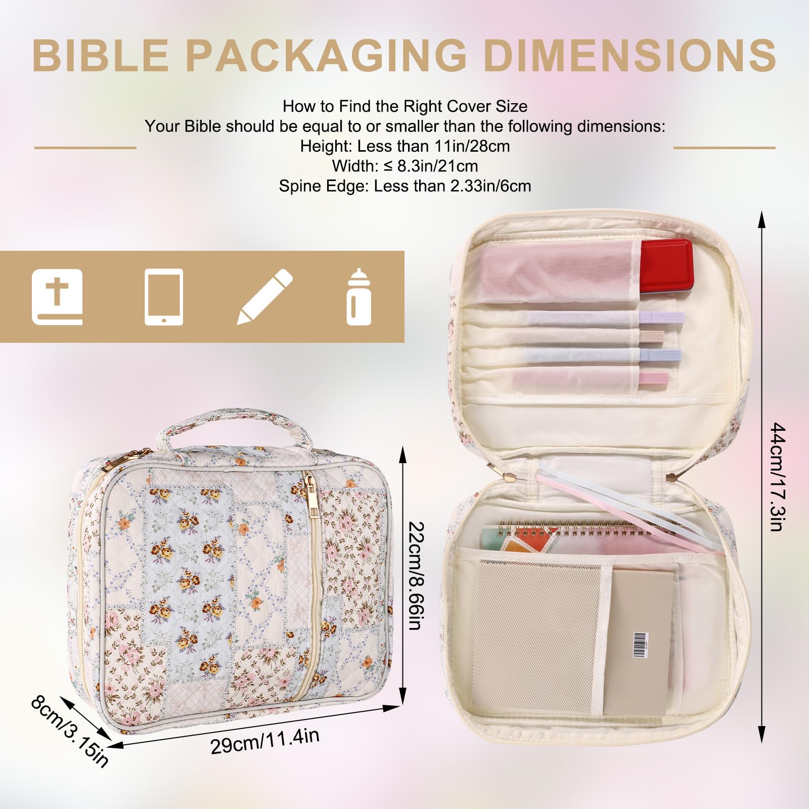 Quilted Bible Cover for Women, Large Spliced Floral Portable Bible Carrying Case with Durable Handle Study Supplies Accessories & Christian Bag for Girls - Image 2