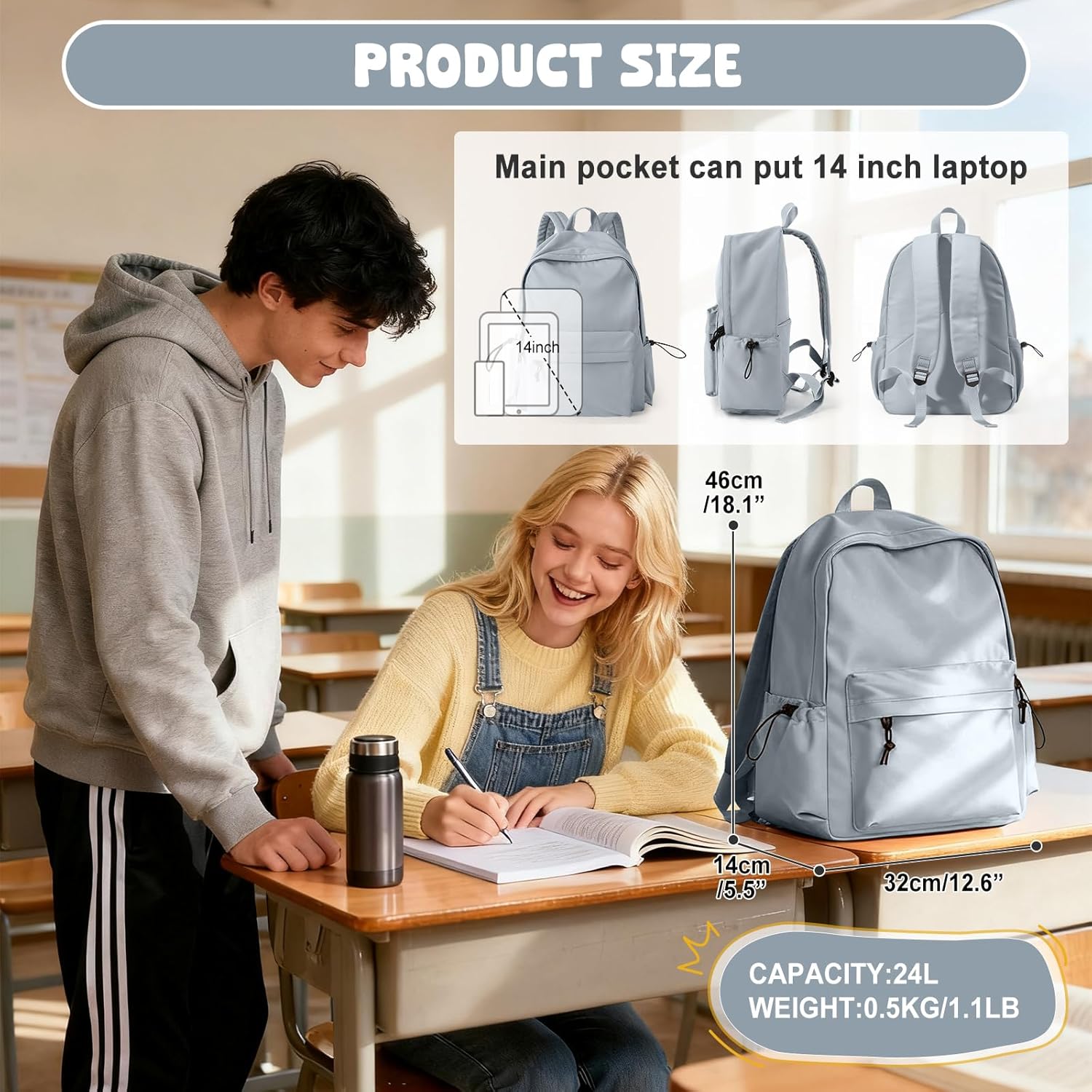 VECAVE School Backpack Blue Waterproof Bookbag Casual Lightweight Travel Rucksack Daypack Backpacks for Men Women College High School Bags backpack for Boys Girls Teens - Image 2