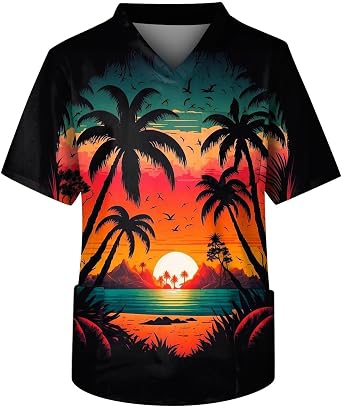 Mens Fit Gradient Color Scrub Tops Plus Size V-Neck Short Sleeve Funny Medical Workwear with 3 Pocket S-5XL