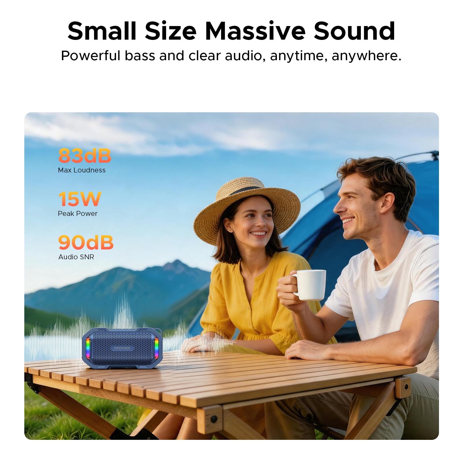 Magnetischer Tragbarer Lautsprecher, 15W Stereo Sound mit TWS Koppelbar, IP67 Wasserdicht 1,5m Stoßfest, Kabelloser Lautsprecher mit RGB-Lichtern, 10Std Akku Speaker für Reisen Outdoor, Blau