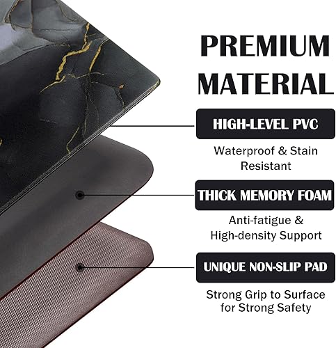 Miniatura 7 de BLEUM CADE 2 tapetes de cocina y tapetes de cocina de mármol negro para piso, antifatiga, PVC, impermeables, de cuero, antideslizantes, acolchados,