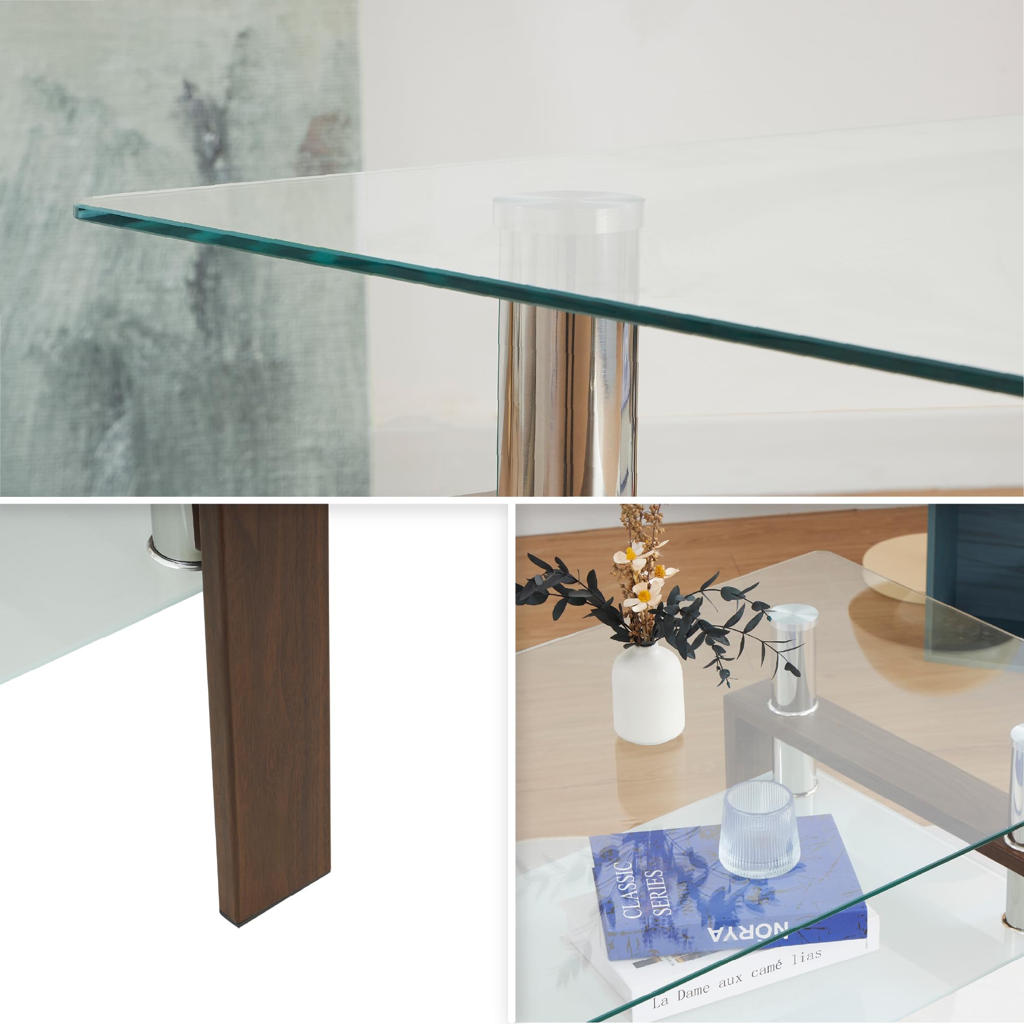 Tavolino 100 x 60 x 44 cm Porter, Tavolino rettangolare con vetro temperato trasparente da 6 mm e struttura con finitura effetto noce, design elegante, per soggiorno e zona lounge