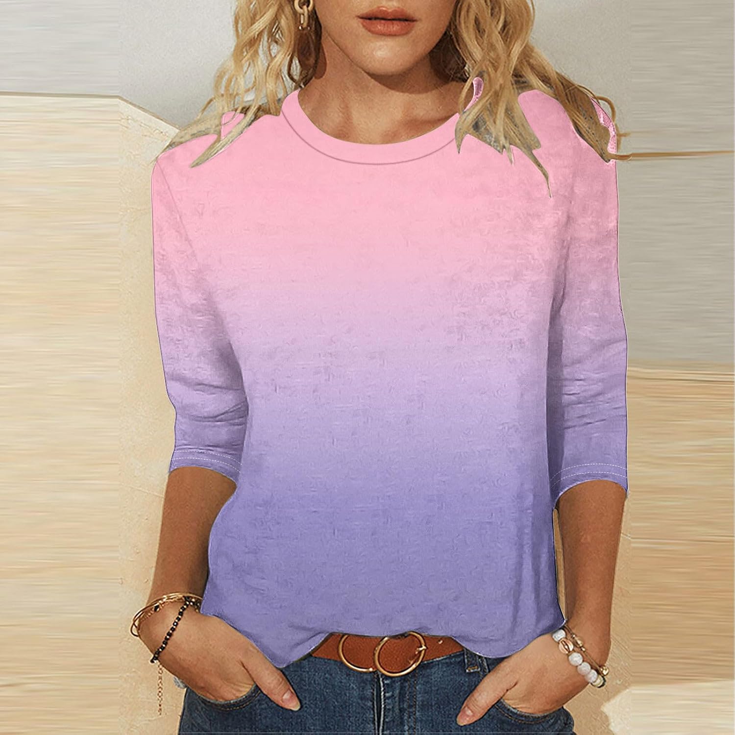 3/4 Sleeve Tops for Womens Fashion Gradient Color Crew Neck Shirts Summer Vacation Casual Blouses with Pockets