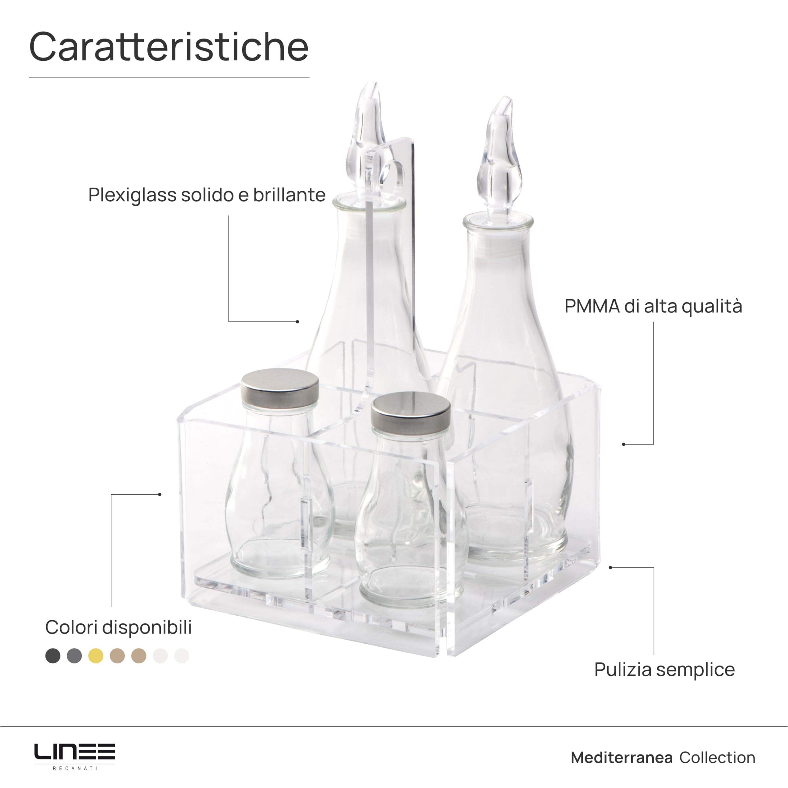 LINEE Recanati MEDITERRANEA Menage – Set Condimenti Porta Olio Aceto Sale Pepe in PMMA e Vetro 17x17x23 cm – Design Decorativo da Tavola – Made in Italy (Trasparente)