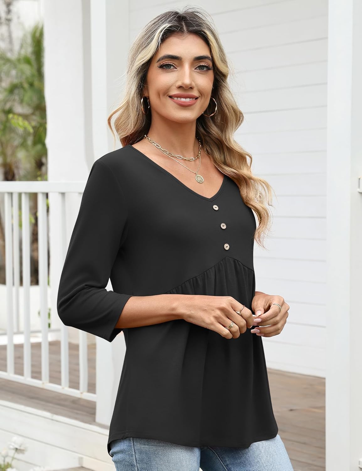 AKEWEI 3/4 Sleeve Babydoll Tops for Women Peplum Shirts Ladies Tunics and Blouses Dressy Casual Spring Fashion Clothing - Image 4