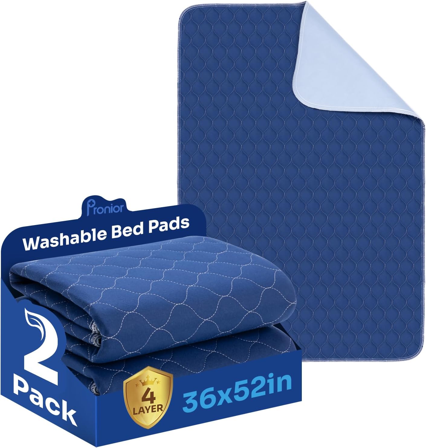 Hide Stains Bed Pads Washable Waterproof for Incontinence, 4-Layer Absorbency Pee Pads, Washable Underpad, Bed Wetting Pad for Elderly, Adults, Pets, 36x52-2 Pack, Navy Blue