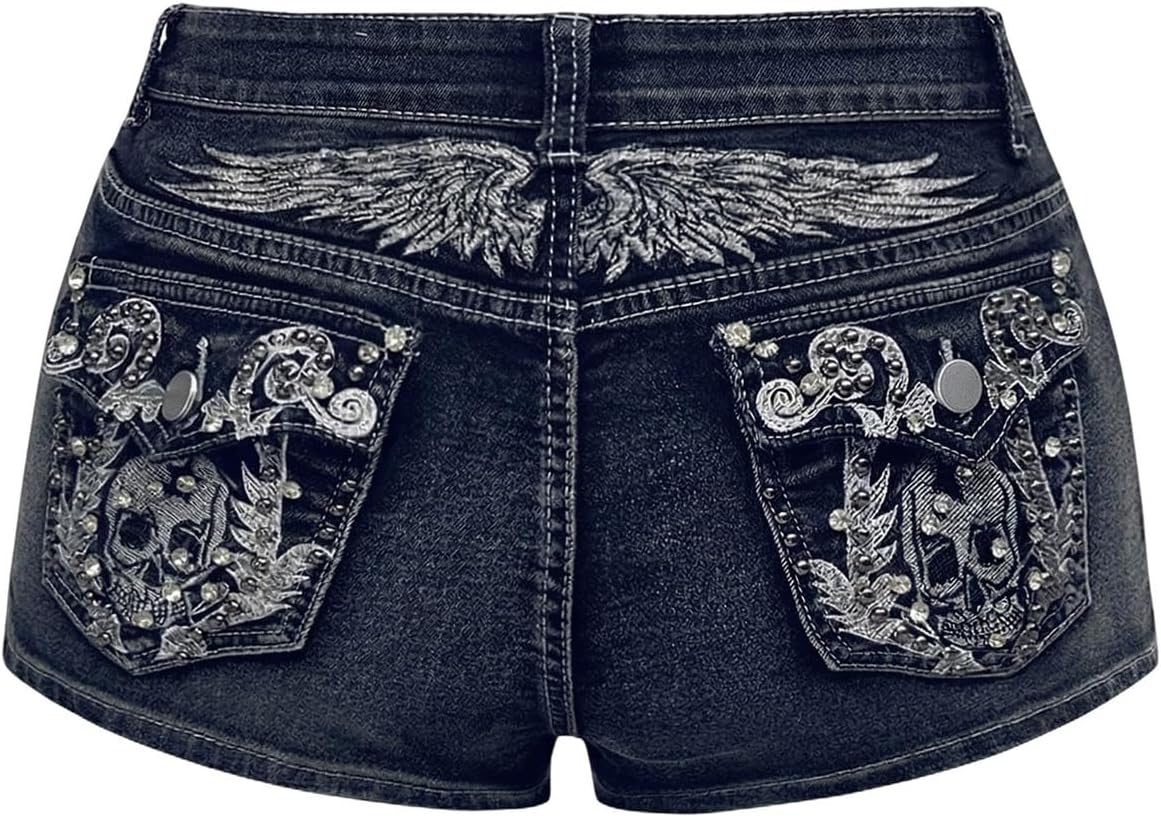 Milumia Women's Y2k Rhinestone Decor Denim Shorts Punk Skinny Mini Shorts Rave Music Festival Outfits